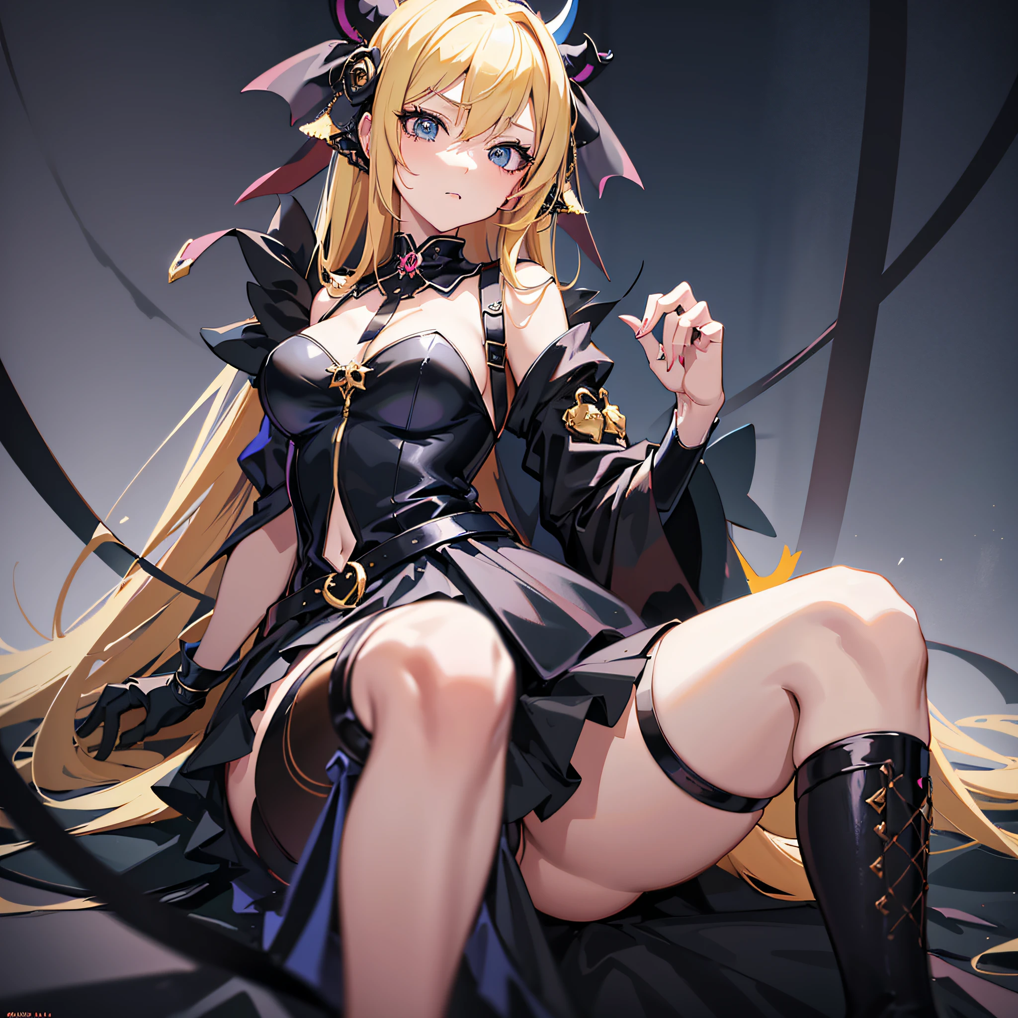 Anime girl with blonde hair and black dress sitting on a black surface, seductive anime girl, demonic anime girl, best 4k konachan anime wallpaper, zerochan art, (anime girl), gothic maiden anime girl, trend in artstation pixiv, beautiful seductive anime woman, cushart krenz female key art, badass 8k anime,  cute succubius