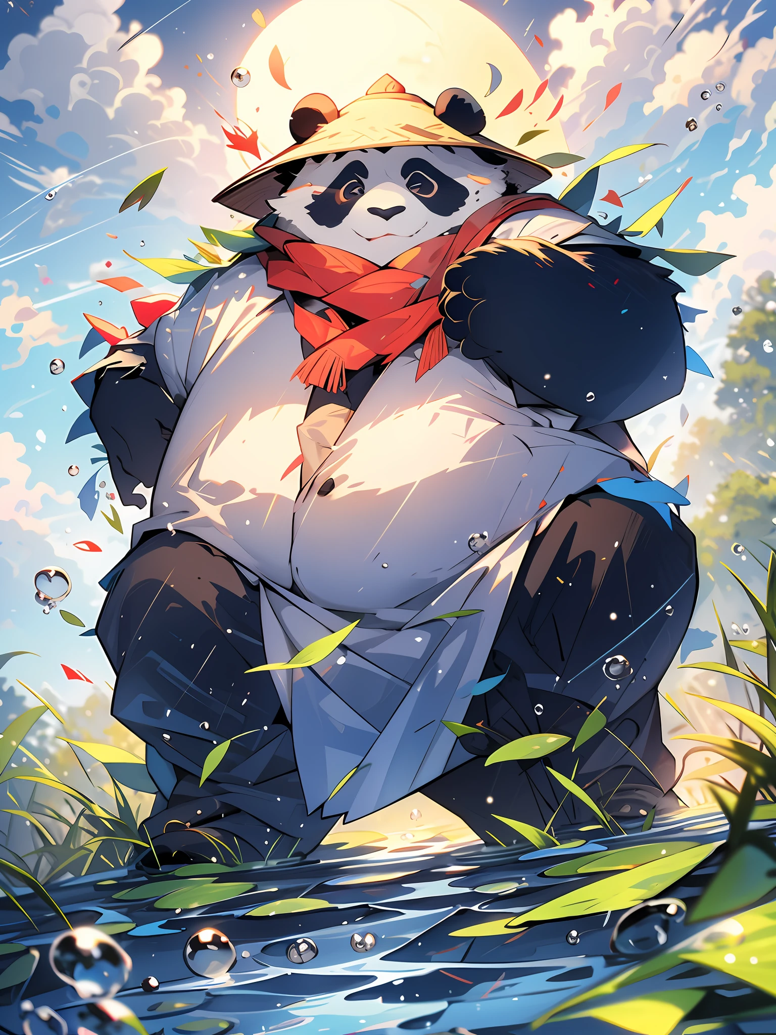 MG Xiongmao, 1 chubby panda, sky, clouds, outdoor, solo, hat, furry, grass, leaves, open eyes, cloudy sky, petals, standing, scarf, no man, moon, under water, bubbles,