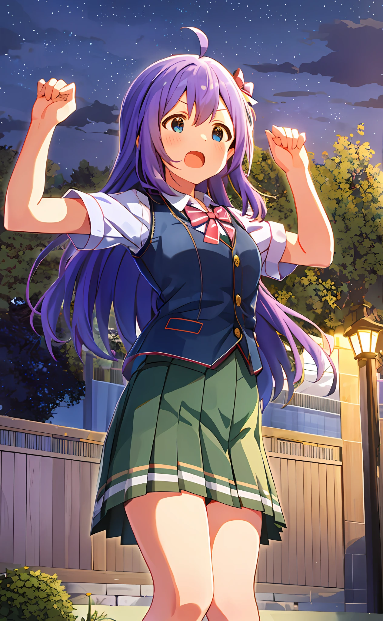 Anna Mochizuki (Million Live), (Top Quality, 8K, Masterpiece, Super Detail: 1.2), 1 Girl, Suspender Clothes.Skirt.Blushing, Clavicle, Bow, Ribbon, Blue Bow.Night.Night View.Outdoors.Spread Your Arms.Despair Face.Open Your Mouth.Clench Your Fists.