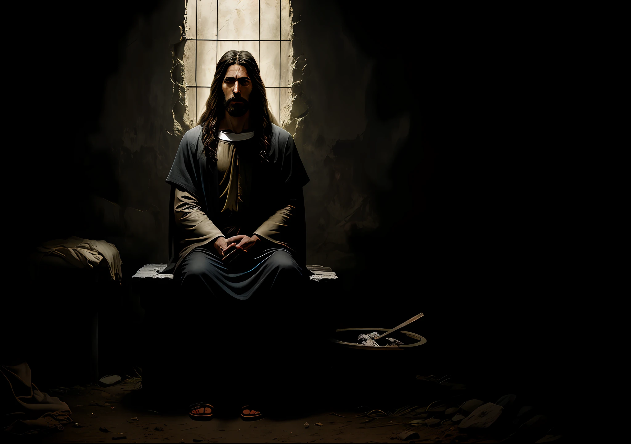 JESUS CHRIST sitting next to a well,dark photo: realistic epic, soft cinematic portrait,