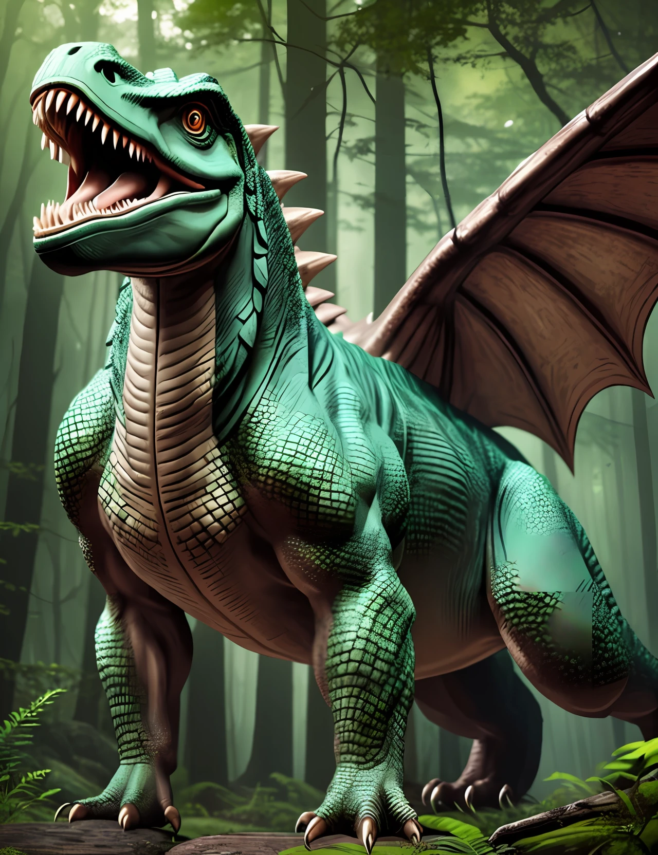 full body, detailed and detailed dinosaur dragon raptor against the backdrop of a giant forest in the Mesozoic era, light scattered into heavy clouds, scales green detailed eyes of a reptile, ferocious character, open mouth giant teeth, relief body large muscles and developed muscles of a predator, high resolution, clear focus, tranding on artstation, hyperphotorealism, style naturalism --auto --s2