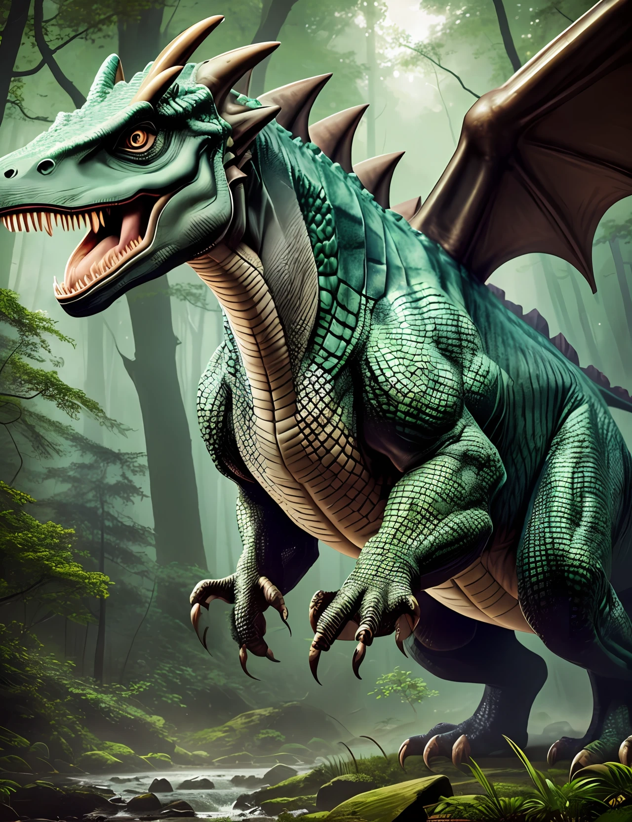 full body, detailed and detailed dinosaur dragon raptor against the backdrop of a giant forest in the Mesozoic era, light scattered into heavy clouds, scales green detailed eyes of a reptile, ferocious character, open mouth giant teeth, relief body large muscles and developed muscles of a predator, high resolution, clear  focus, tranding on artstation, hyperphotorealism, style naturalism --auto --s2