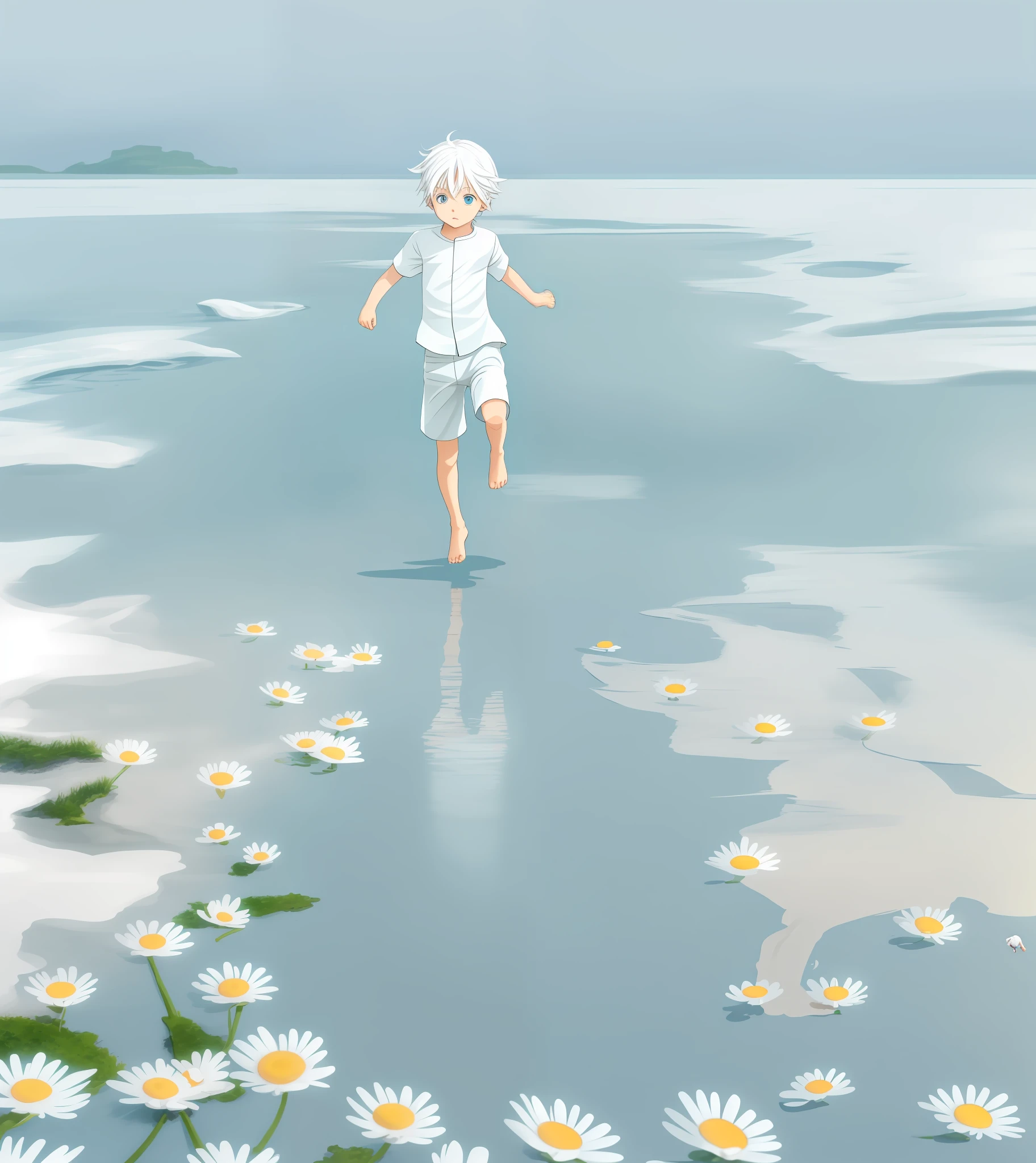 Little Shota running with white hair, blue eyes, barefoot and barefoot in the sea of daisies