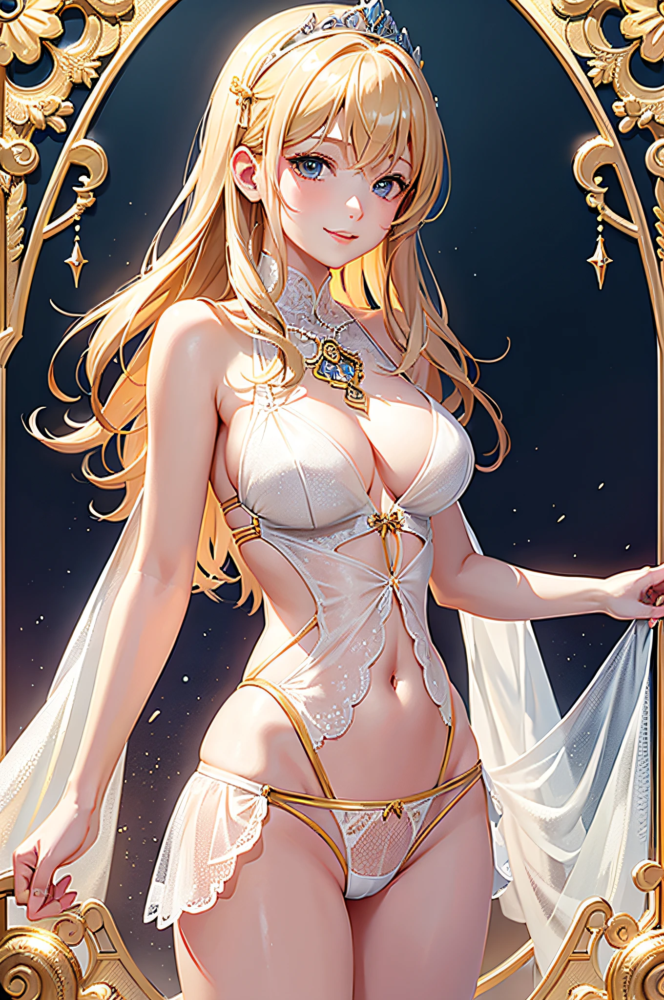 (Masterpiece, Top Quality, Best Detail, Official Art, Beautiful and Aesthetic: 1.2), (1 Girl: 1.3), Highly Detailed, (Fractal Art: 1.1), (See-through: 1.3), (Lingerie Dress: 1.5), (Cowboy Shot: 1.5), (Shiny Skin), (Mekosuji: 1.4), (Tiara: 1.4), (Low Rise Panties: 1.4), breasts with beautiful shape, slim waist, golden hair, looking at the viewer, detailed eyes, metal ornaments, very delicate details, frontal figure, smile, photon mapping,