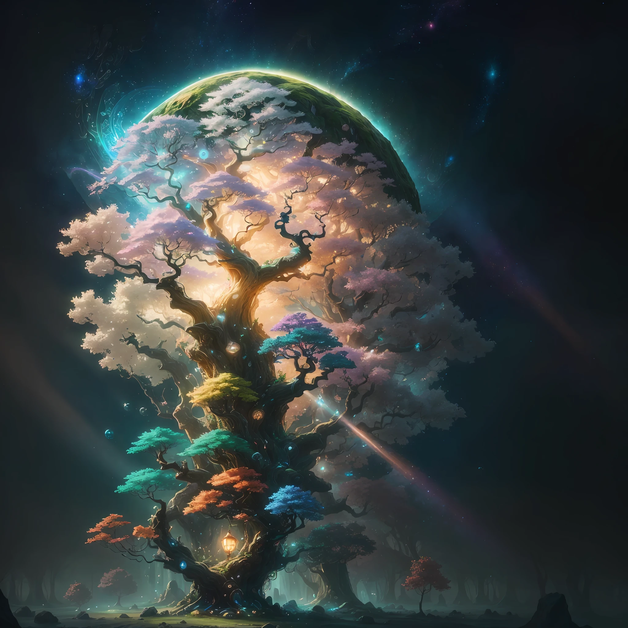 (extremely detailed CG unity 8k wallpaper,masterpiece, best quality, ultra-detailed),(best illumination, best shadow, an extremely delicate and beautiful),(colorful tree of life, Yggdrasil, magical tree, stunning illustration, fantastical tree, mystical tree, detailed artwork),floating, cosmic atmosphere, dreamlike, swirling roots, vibrant leaves, organic textures, Volumetric light. --auto --s2