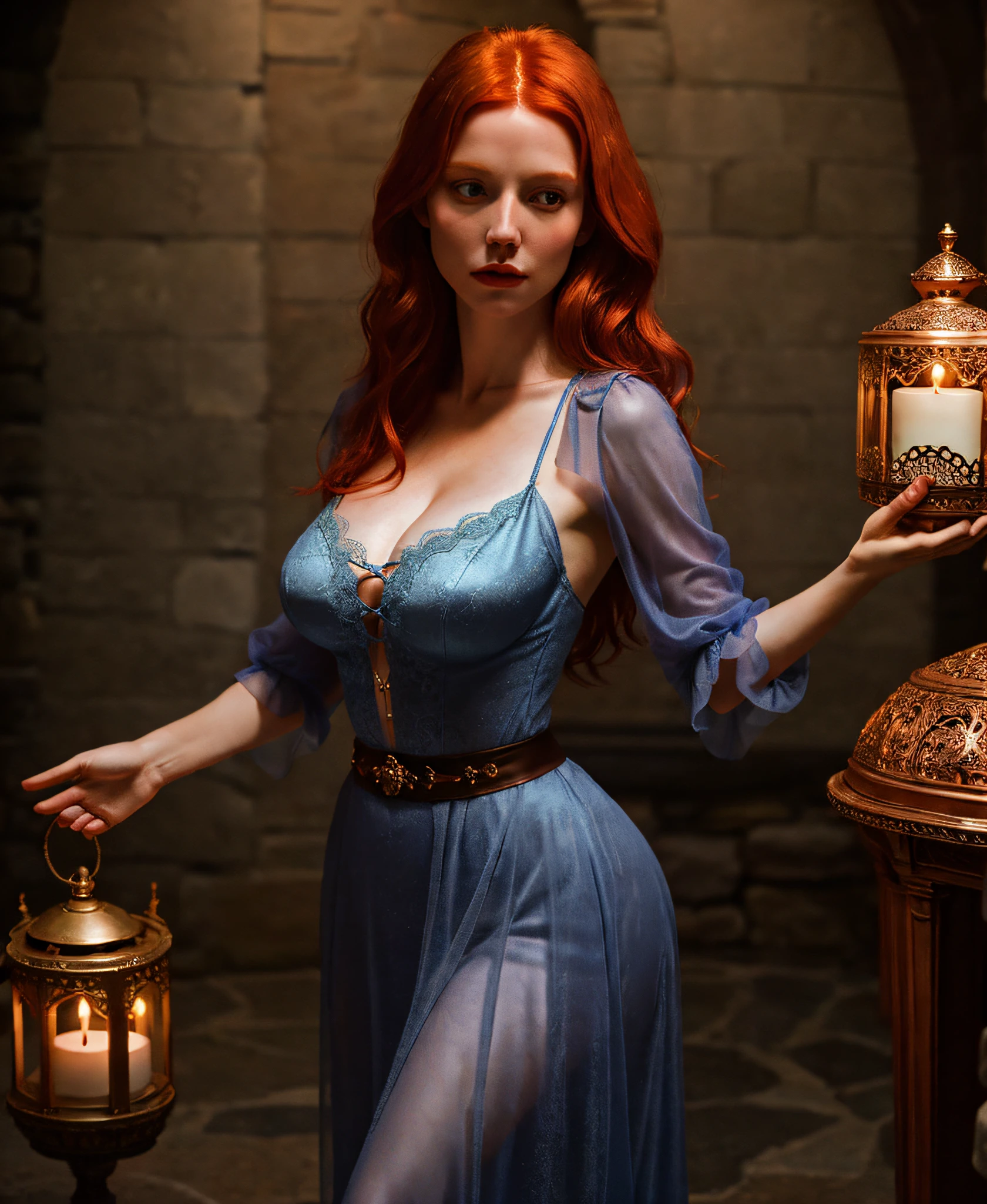 Artistic photograph of a redhead woman in female langerie, full breasts, slim waist, large transparent hip Lucilla Jiggly, (full body photo), extremely detailed, centered, [intricate witch cauldron in the background], high resolution, hyper detailed, insane details, soft lighting, film grain