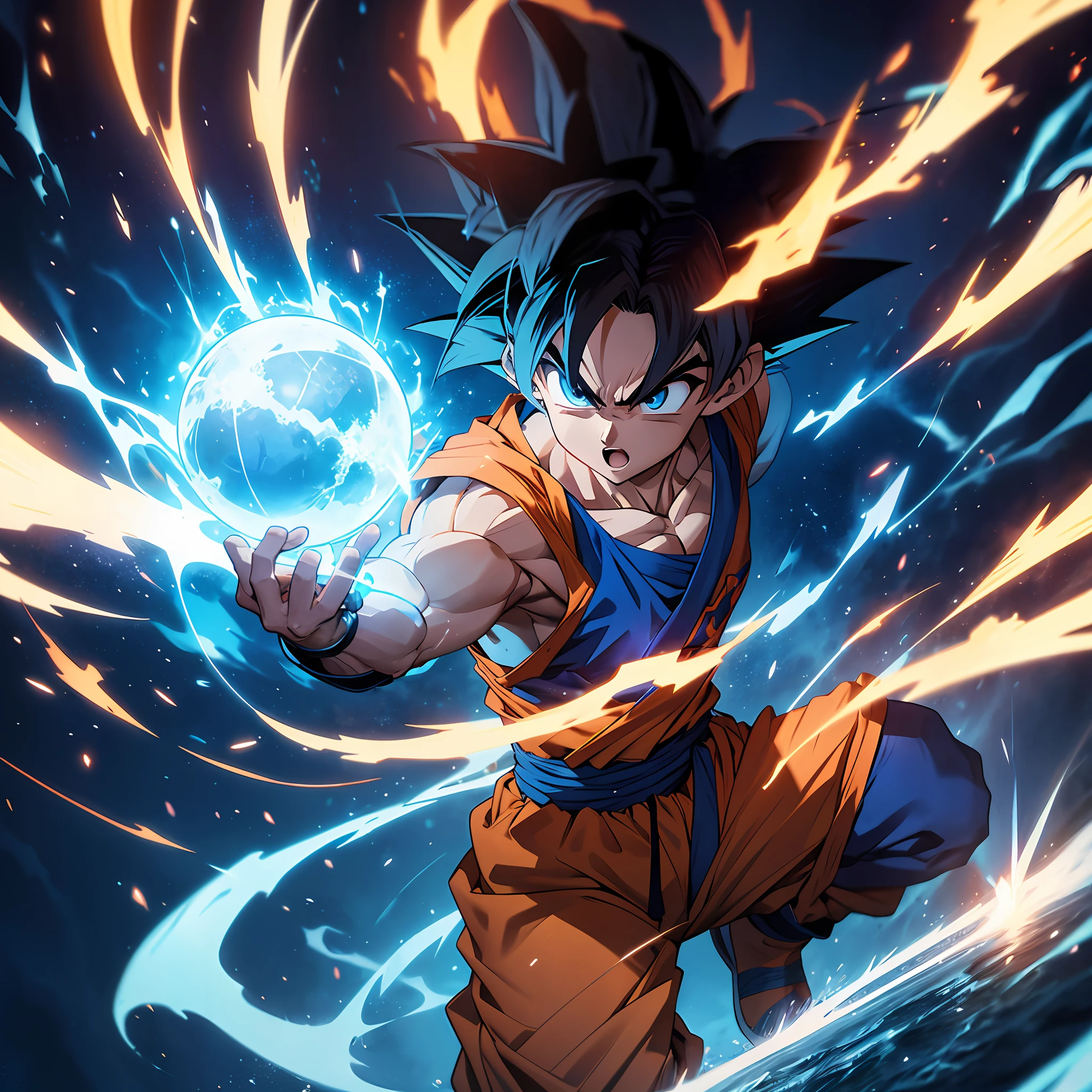 Goku holding the blue ball of power with one hand, bright blue energy pulsing around him, dark background with sparks of energy coming out of the ground.