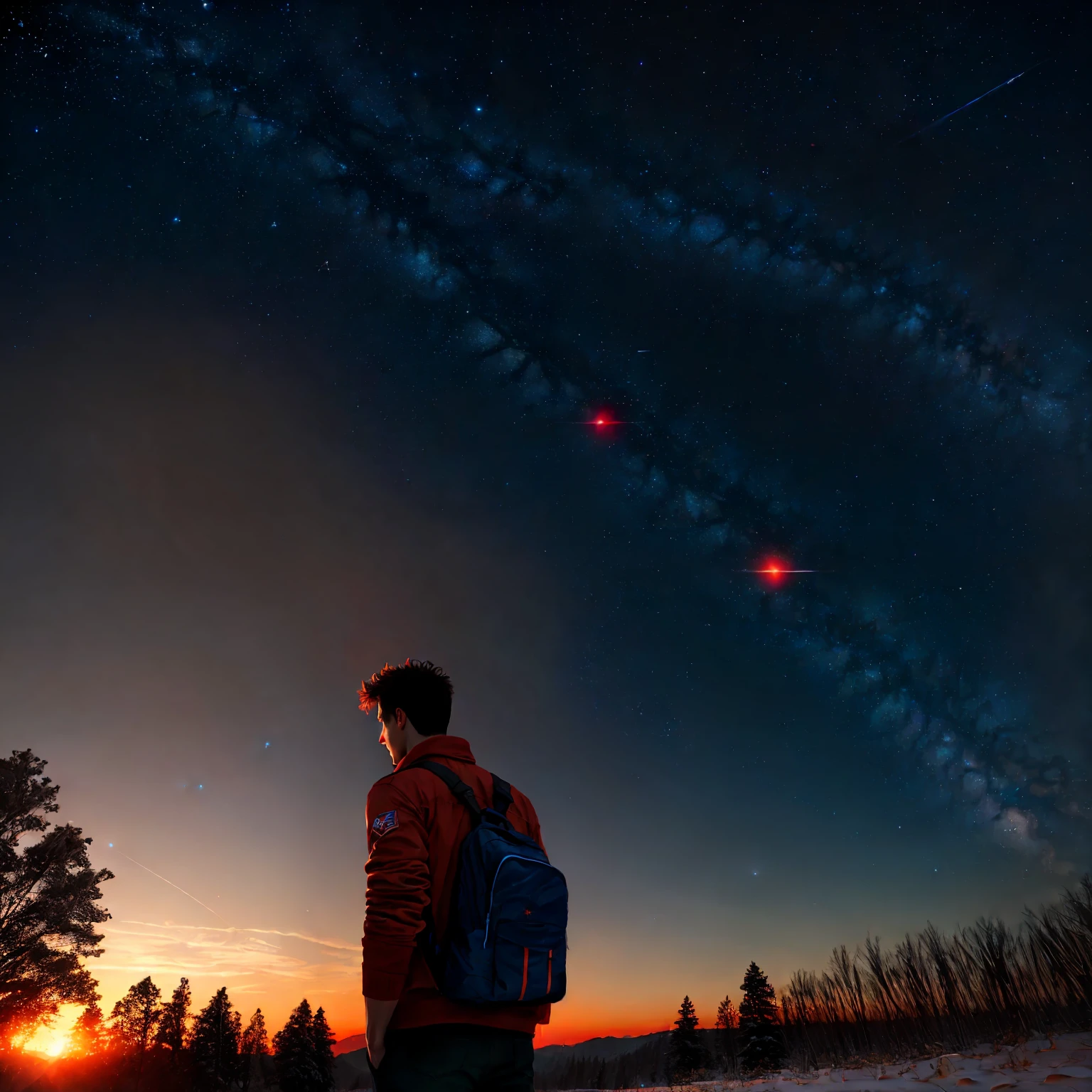 (a detailed RAW photo), (masterpiece:1.8), (best quality: 1.4), (ultra highres:1.2), (photorealistic:1.4), 8k resolution, Canon EOSR5, 55mm, absurd, ultra detailed, (sharp focus, cinematic lighting, photo of a young man looking at the sky (at a junction of sunset and dusk) with two planets in the sky in a harmonious balance of orange, red, blue. (Very bright stars.