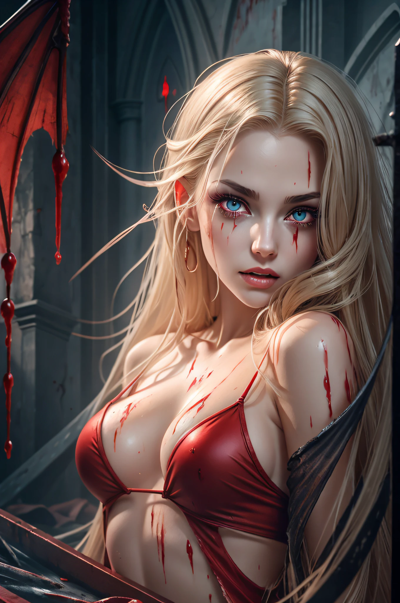 a sexy vampire wearing a red bikini, stained with blood, staring at the viewer crying tears of blood, and small wounds on her face, whole body, lying legs open in a grave, wet body, wet clothes, flowing blonde hair, menacing look and fangs, gleaming vampire wings, blood staining her pale face, big, sharp nails ready to attack, in a dark abandoned church, with a few candles lighting up, with intensely mesmerizing red eyes --auto --s2