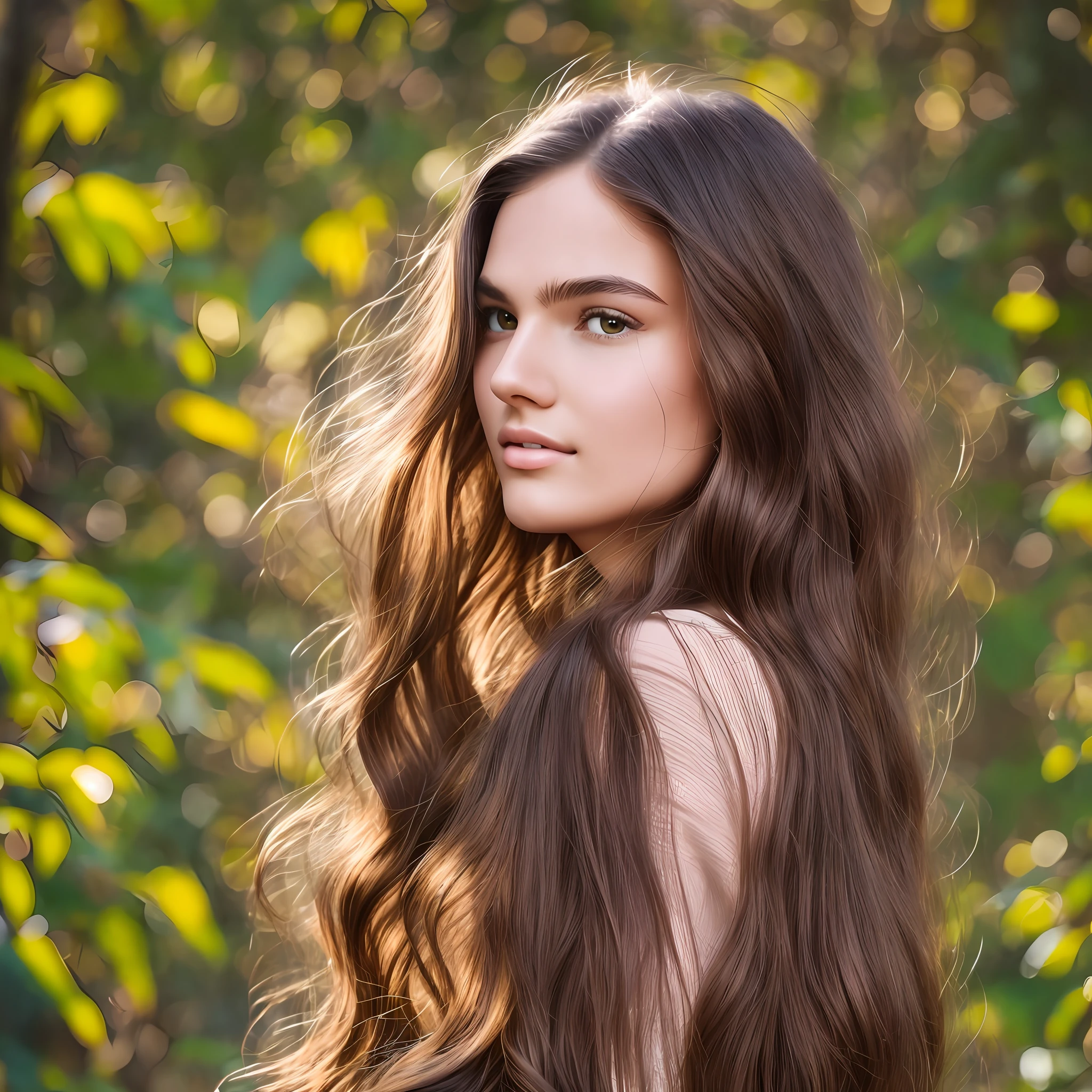 Beauty perfect facial features, long hair, smooth hair, beauty mole, distinctive, skin firmness, firmness, photo, forest, warm light, sunny, through plants to the face, whole body, wearing fashion trend women's clothing, super detailed, super fine, high quality, 8k, HD, 1080p, ar3:4 --auto --s2