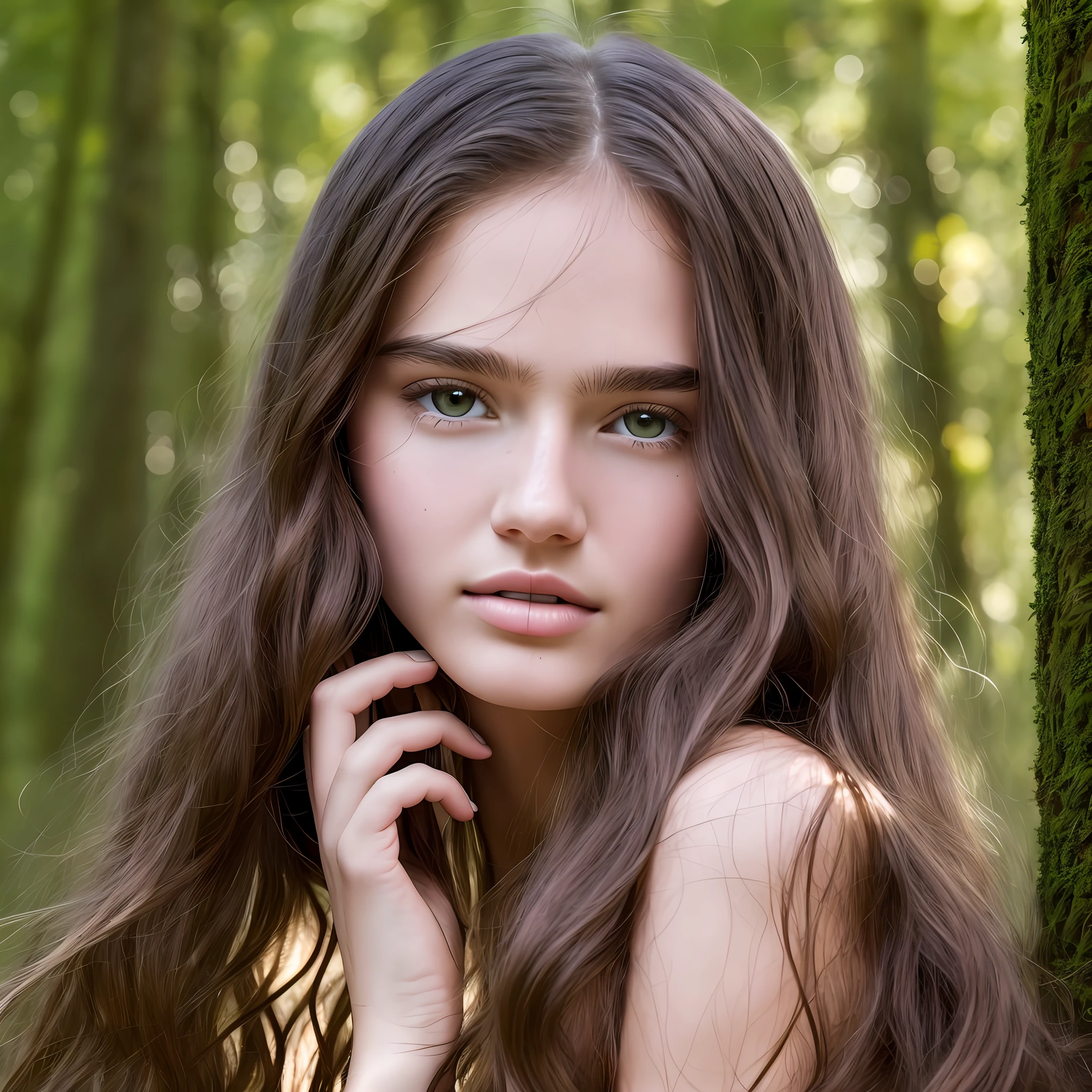 Beauty perfect facial features, long hair, smooth hair, beauty mole, distinctive, skin firmness, firmness, photo, forest, warm light, sunny, through plants to the face, whole body, wearing fashion trend women's clothing, super detailed, super fine, high quality, 8k, HD, 1080p, ar3:4 --auto --s2