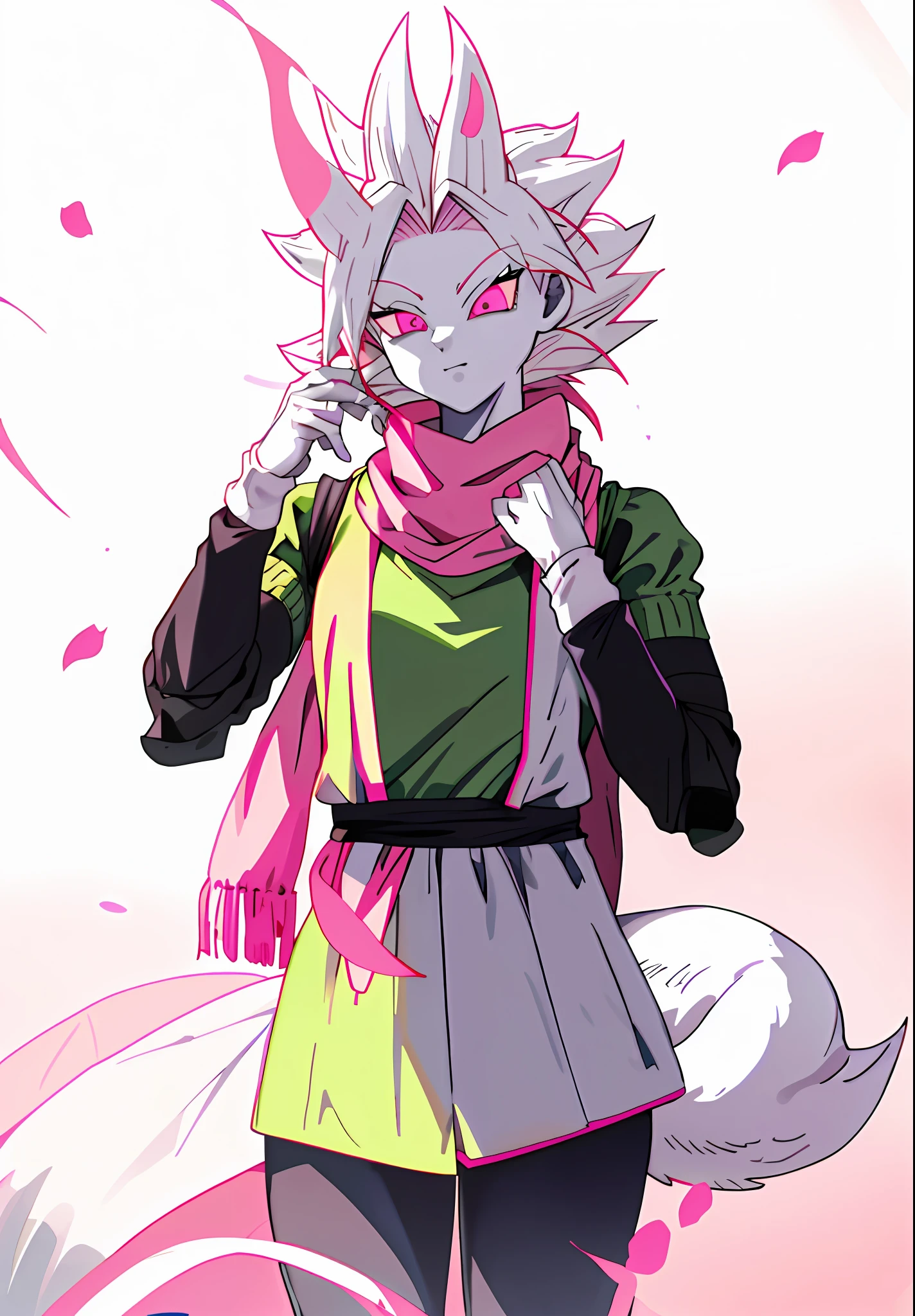 super saiyan, white skin, pink horns, pink scarf, green outfit with black sleeves, tail, dark pants, pink eyes, hd, highres