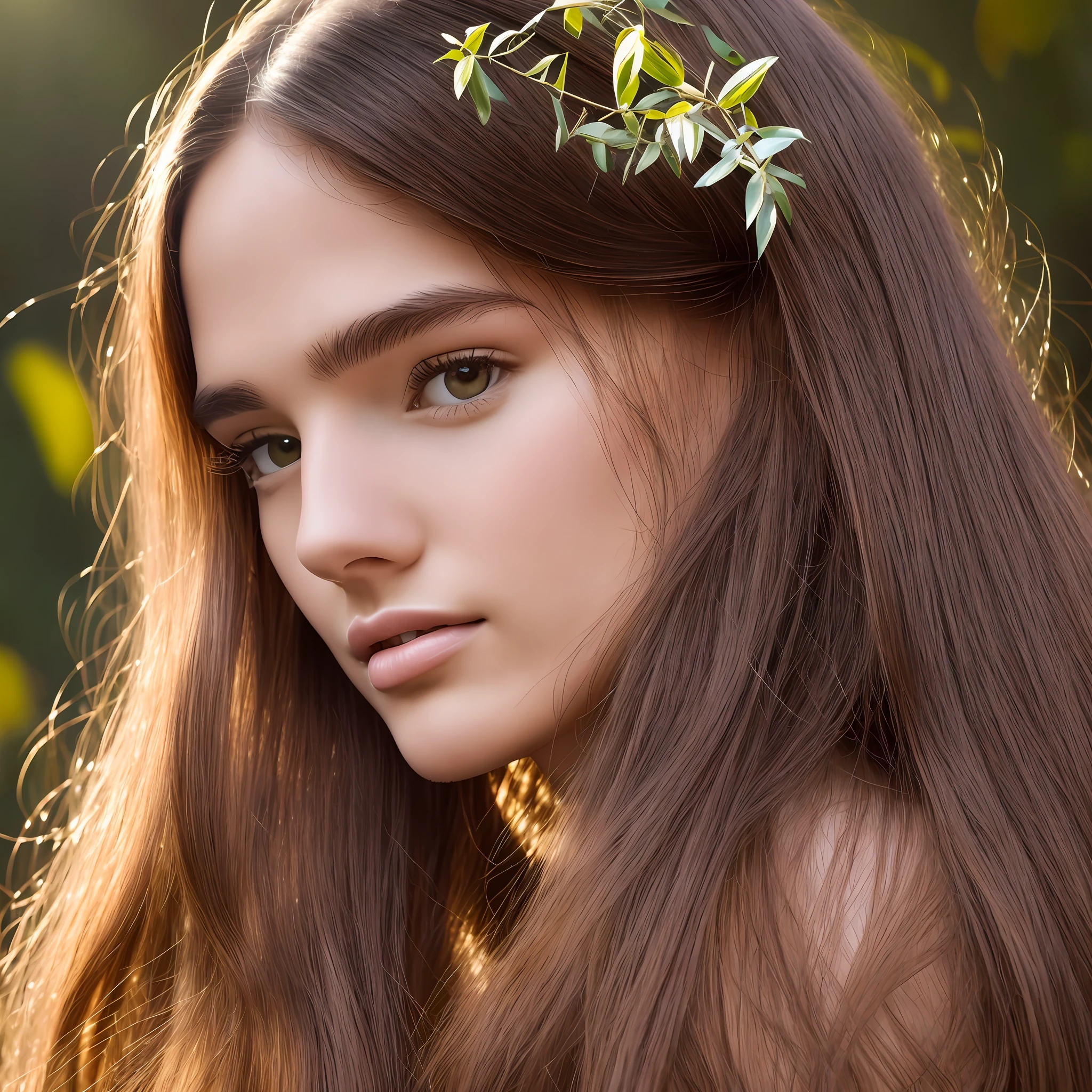 Beauty perfect facial features, long hair, smooth hair, beauty mole, distinctive, skin firmness, firmness, photo, forest, warm light, sunny, through plants to the face, whole body, wearing fashion trend women's clothing, super detailed, super fine, high quality, 8k, HD, 1080p, ar3:4 --auto --s2