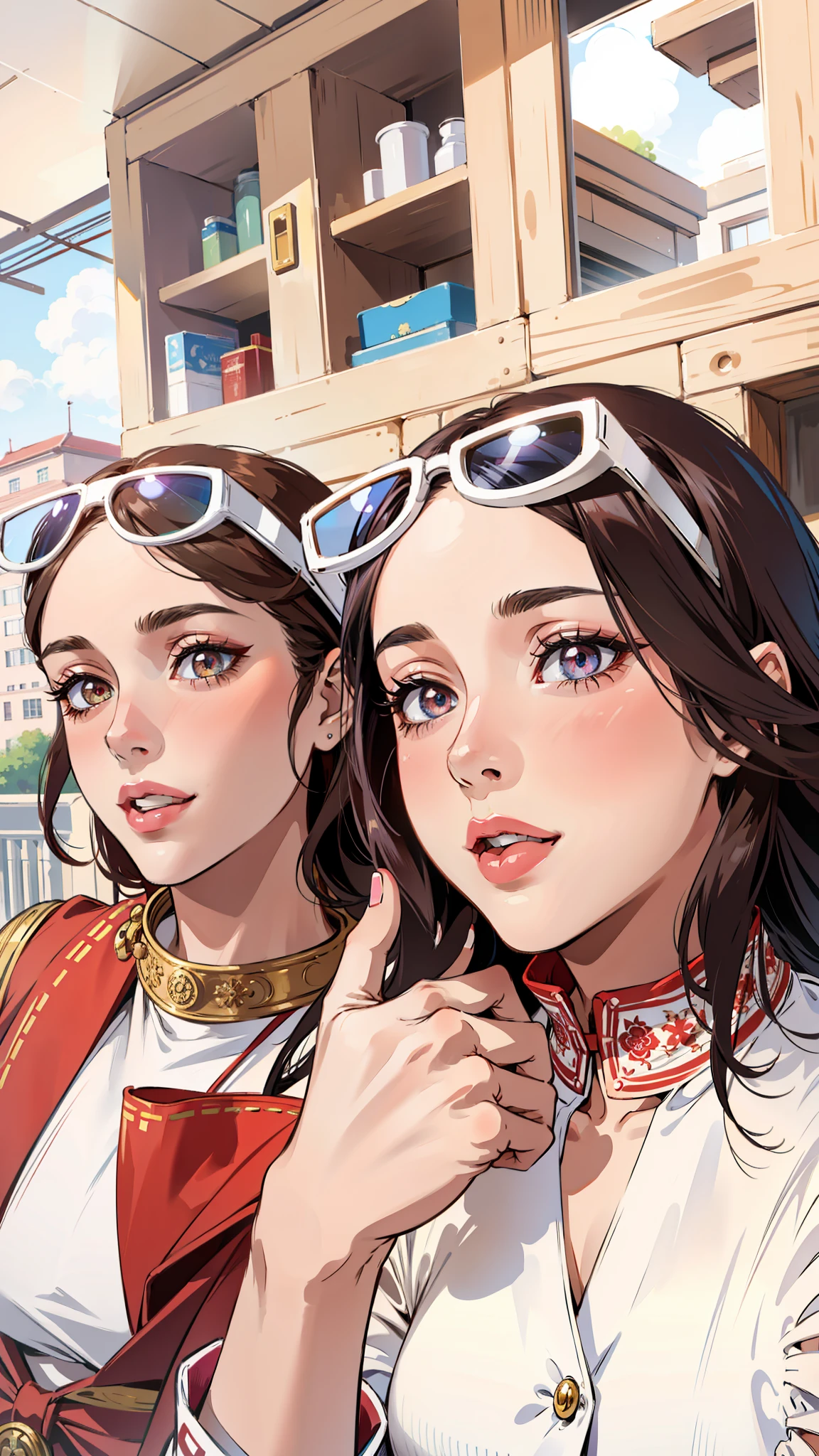 (masterpiece),(best quality:1.0), (ultra highres:1.0), detailed illustration, 8k, anime, 2girl, beautiful anime girls, wearing pretty dresses, brown dress, white dress, pretty face, detailed face, beautiful eyes, detailed eyes, looking at the camera, looking at the viewer, dark eyes, pretty lips, red lipstick, detailed lips, smiling, beautiful stylish hair, highlights in hair, sunglasses bangs anime style, best quality, vibrant