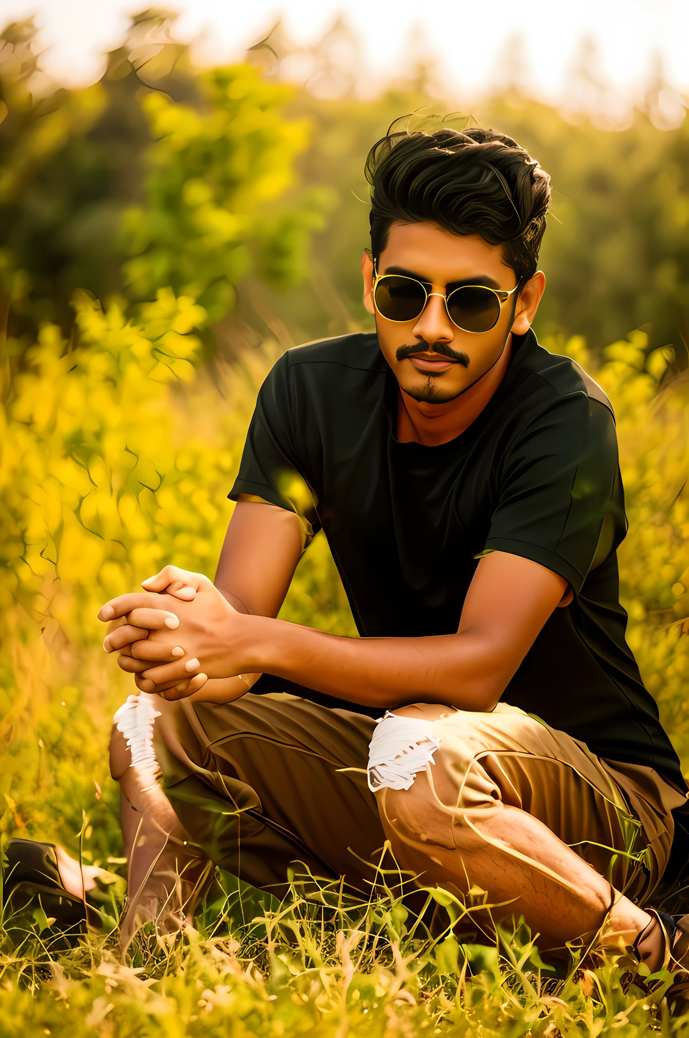 araffe man in sunglasses sitting on a grassy hill with his hands crossed, casual photography, jayison devadas, with a cool pose, jayison devadas style, casual pose, stylish pose, modeling photography, mohamed chahin style, cool pose, modeling shoot, profile photography, very artistic pose, 7 0 mm portrait, portrait shot 8 k, attractive pose