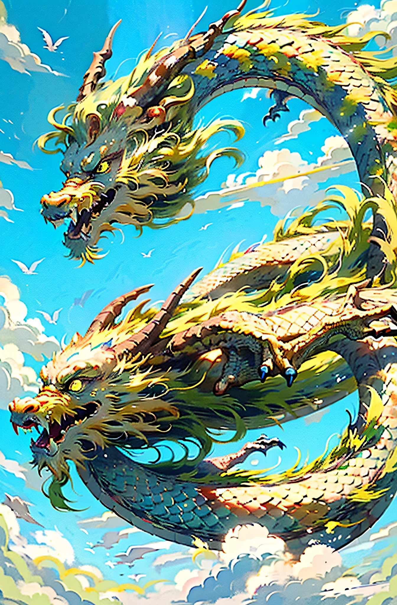 Best quality,masterpiece,ultra high res,nu no humans, (long:1.2),sky, yellow eyes, cloud, scales, eastern dragon, open mouth, sharp teeth, flying, horns, teeth, day, claws, fangs, blue sky