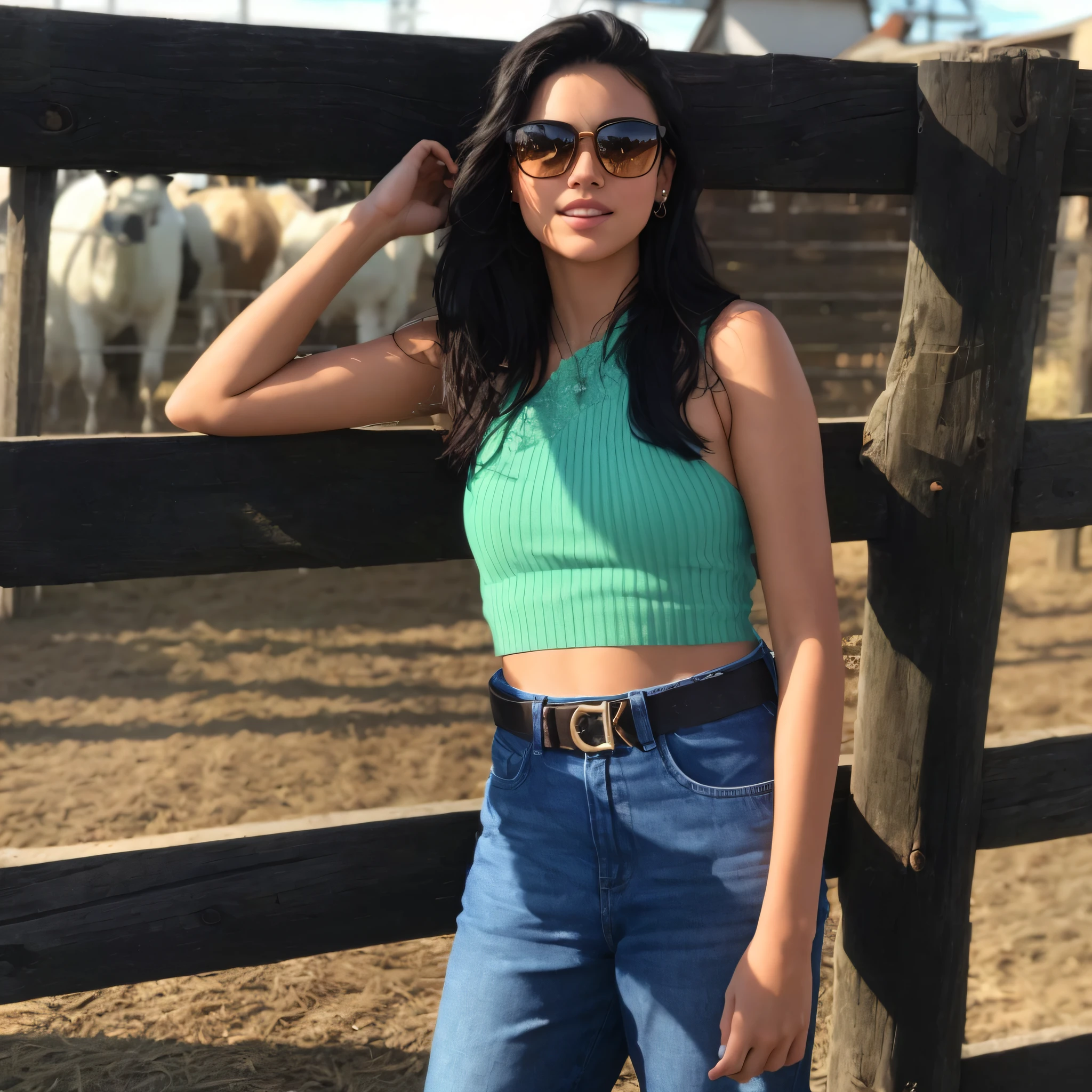 "((ultra-realistic description)), ((best quality)), beautiful girl, standing next to a fence, on a farm, close-up on brown eyes and black hair, beautiful blue sky in the background, light breeze, sunny weather, rich and defined details, stunning realism."