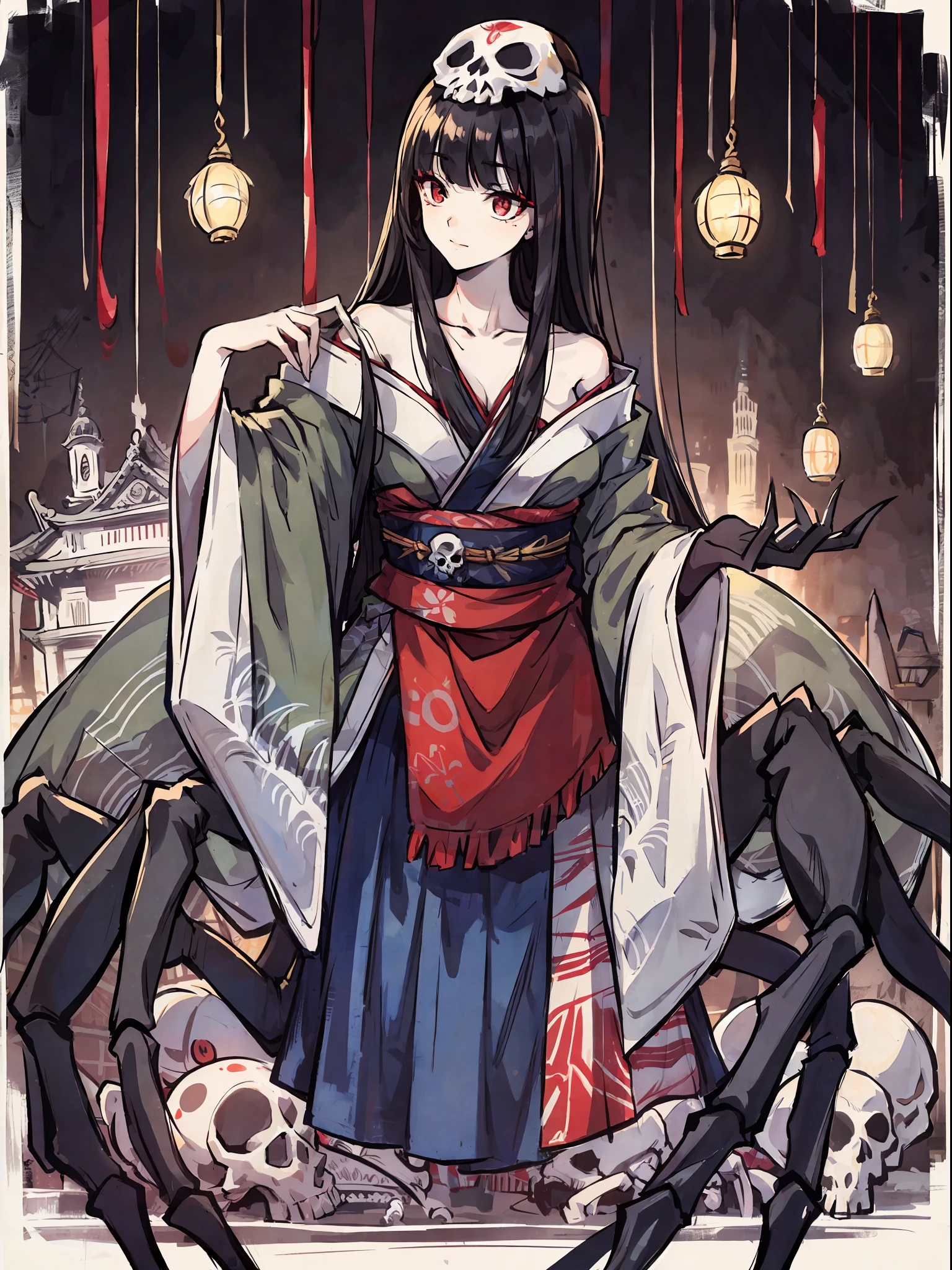 (Arachne: 1.5),
Master-piece, monster, solo, upper body bewitching beauty, lower body is a huge female spider, full body, kimono beauty, black hair straight, bangs snap, crimson lipstick, sink eyes, skull pattern on spider back, background is Japan castle, ruins, many spider webs, candlesticks, golden rays from the ceiling, skull, spider webs, high image quality, high definition, accurate drawing, detailed drawing,