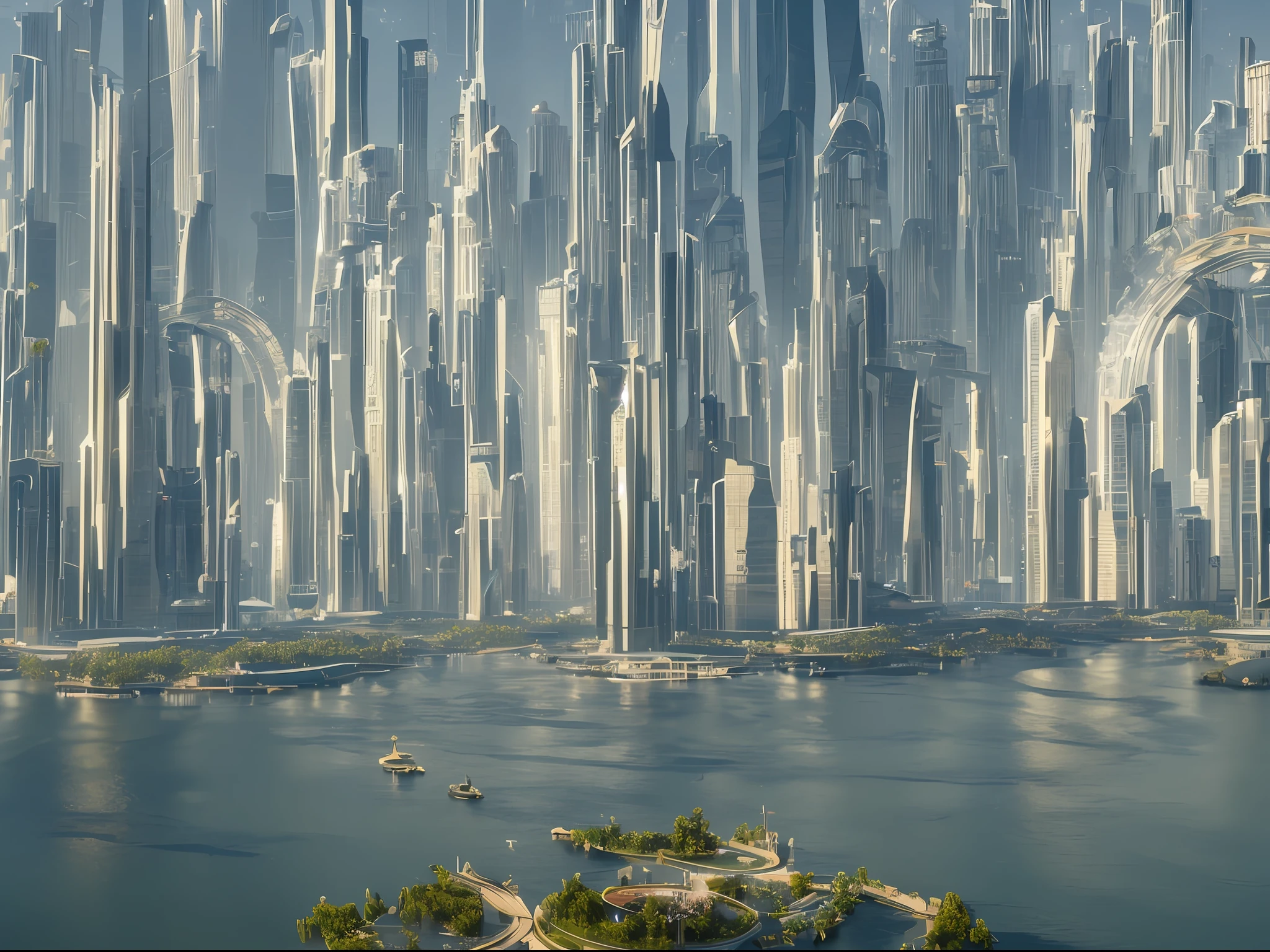 a futuristic city with high buildings and flying cars. A circular city sorounded by a river. 3D realistic. 4k. Cinematic. --auto --s2