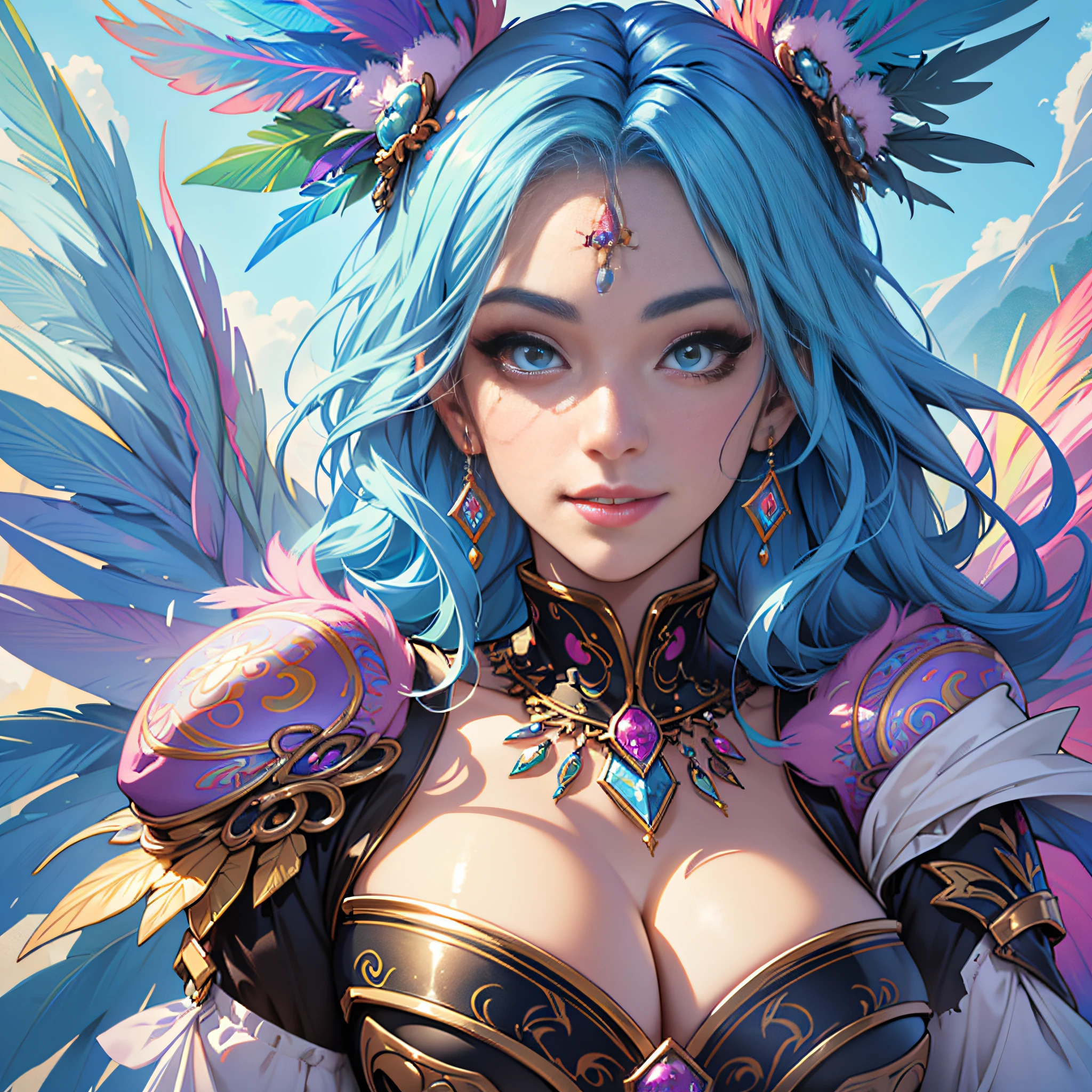 Woman with blue hair and colorful feathers, colorful digital fantasy art, colorful digital art, fantasy art style, beautiful digital artwork, 4K very detailed digital art, big breasts showing a little bit, big eyes, light smile, 8k, very fine face, delicate lips, delicate eyes, double eyelids