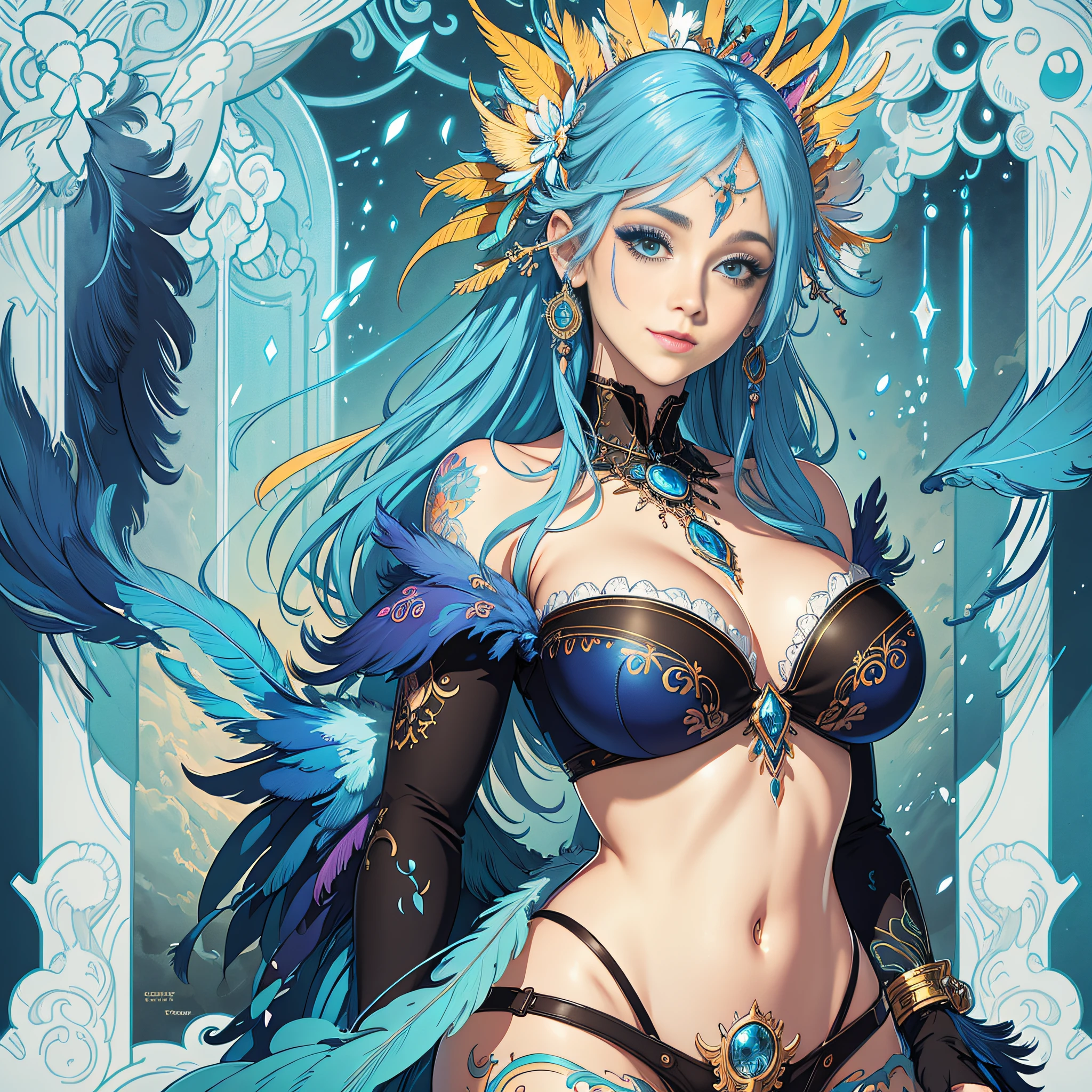 Woman with blue hair and colorful feathers, colorful digital fantasy art, colorful digital art, fantasy art style, beautiful digital artwork, 4K very detailed digital art, big breasts showing a little bit, big eyes, light smile, 8k, very fine face, delicate lips, delicate eyes, double eyelids