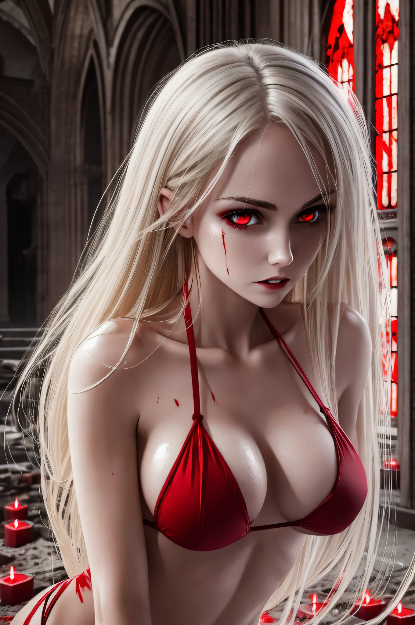 a sexy vampire wearing a red bikini, stained with blood, staring at the viewer crying tears of blood, and small wounds on her face, whole body, lying legs open in a grave, wet body, wet clothes, flowing blonde hair, menacing look and fangs, gleaming vampire wings, blood staining her pale face, big, sharp nails ready to attack, in a dark abandoned church, with a few candles lighting up, with intensely mesmerizing red eyes --auto --s2