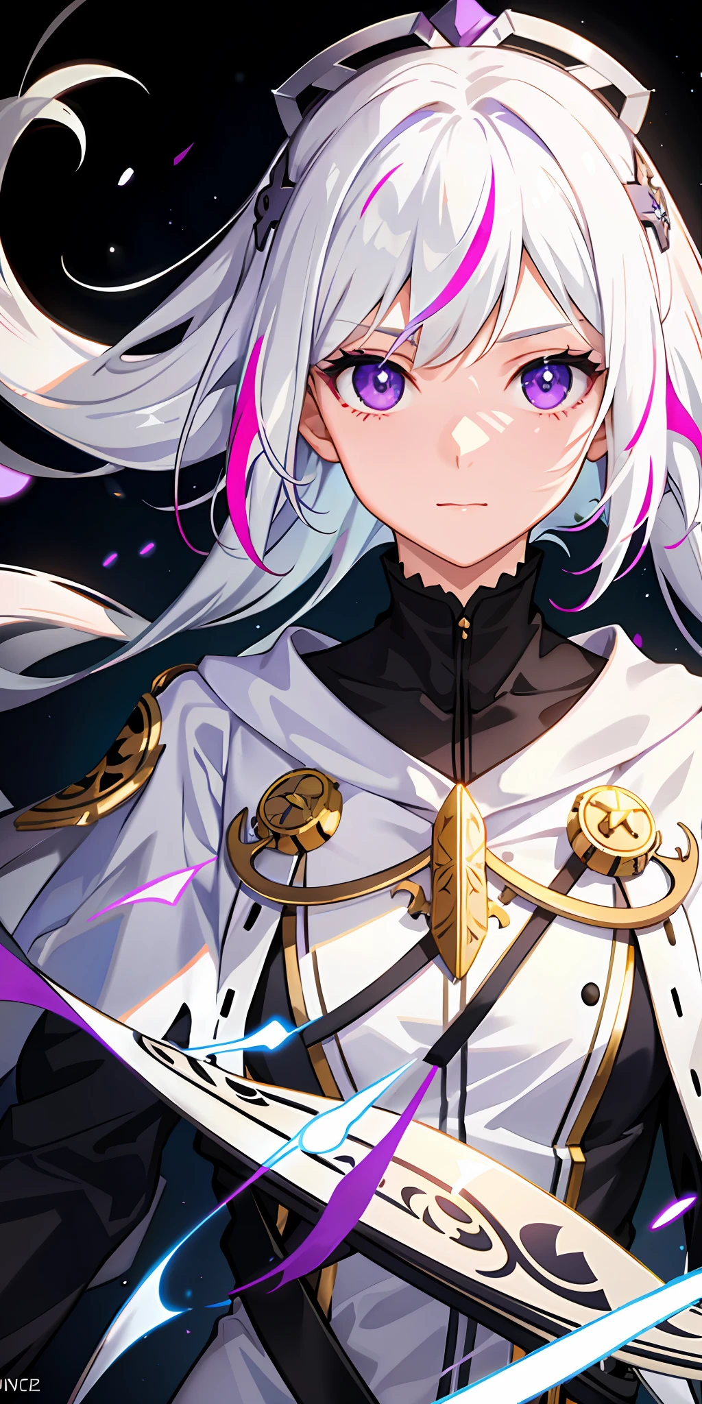 1girl, white hair, multicolored hair, purple eyes, mask on head, sidelighting, light particles, wallpaper,