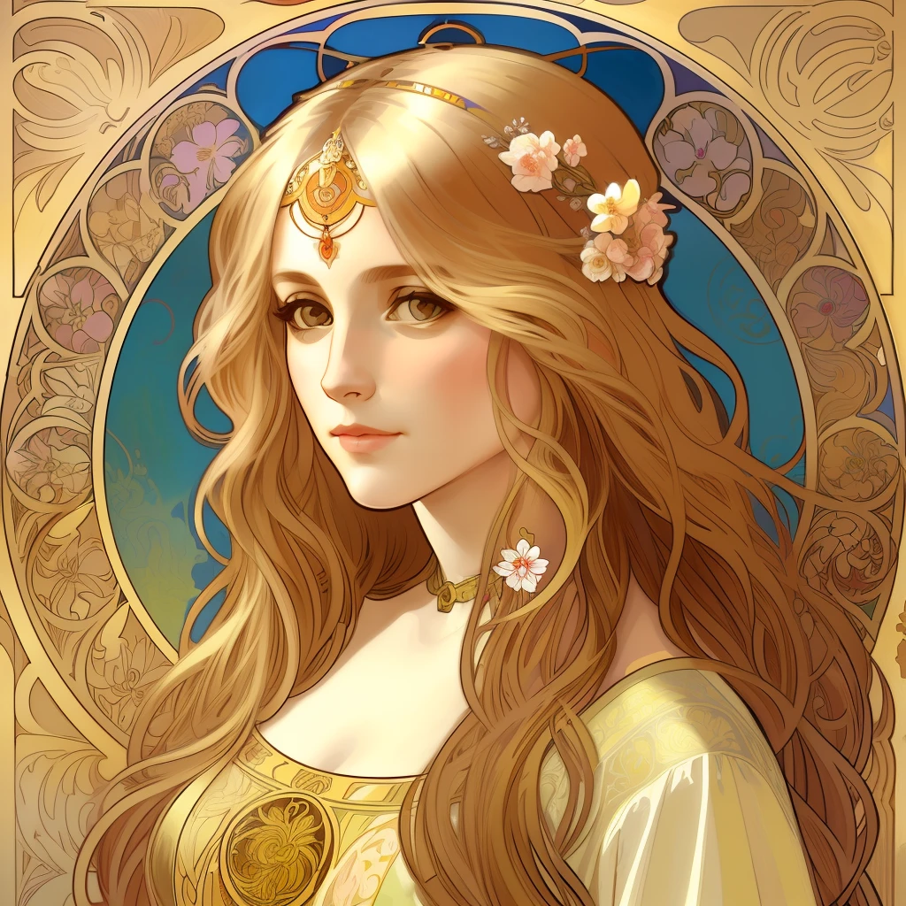 face portrait of a  European female , long curly hair, blond, floral frame, Decorative panels, abstract
photorealistic, artistic, by Alphonse Mucha
(Masterpiece, Best Quality, Highres:1.4), Detailed, Intricate Details, 4K, color splashes, line art,   fibonacci,