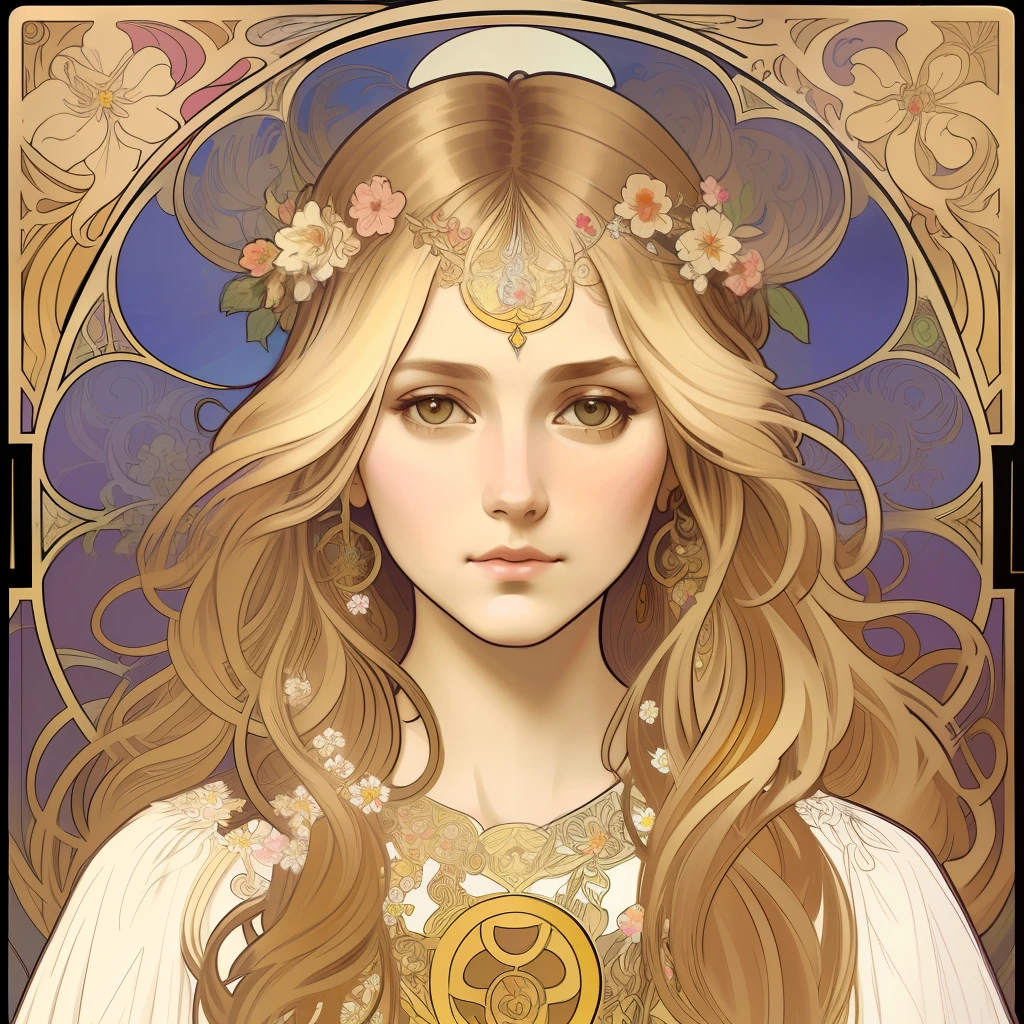 face portrait of a European female , long curly hair, blond, floral frame, Decorative panels, abstract
photorealistic, artistic, by Alphonse Mucha
(Masterpiece, Best Quality, Highres:1.4), Detailed, Intricate Details, 4K, color splashes, line art, fibonacci,
