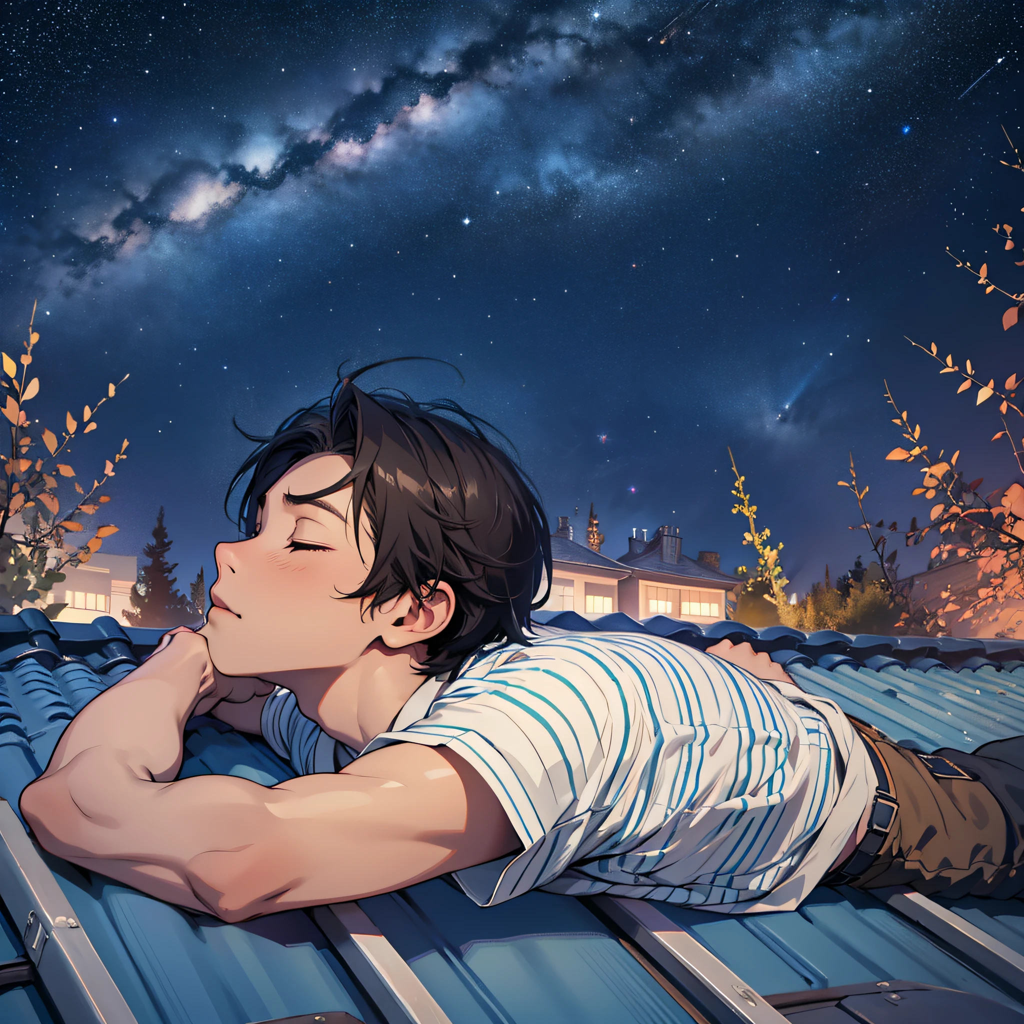 Create an image of boy lying on the roof looking up at the starry sky at night --auto --s2