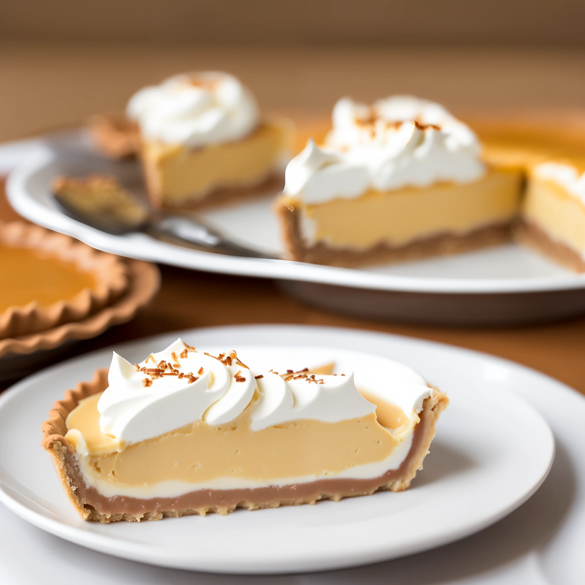 A professional photograph {{within a minimalist and elegant setting}} taken at a frontal angle {{by a canon 5d Mark Iv, with a 50mm f/1.8} lens, of a slice of banoffee pie, having around it delicate elements that will accompany the charm that the pie brings to the table