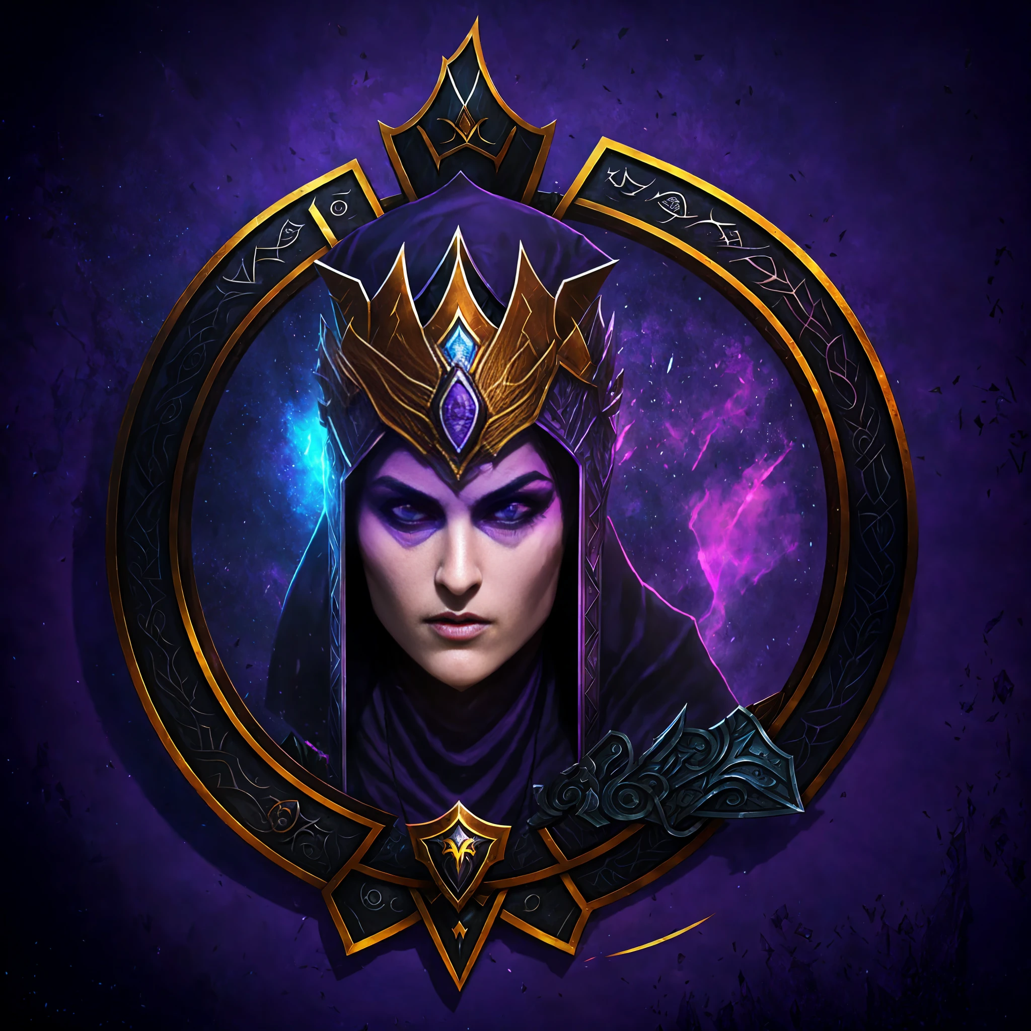 a purple and black shield with a knight's helmet on it, armor, duelyst style, slaanesh, symmetrical fantasy RPG portrait, portrait of the ancient necromancer, painted in the arcane style, symmetrical portrait RPG avatar, purple shiny core in armor, dota2 artifact, Discord profile picture, emblem of wisdom