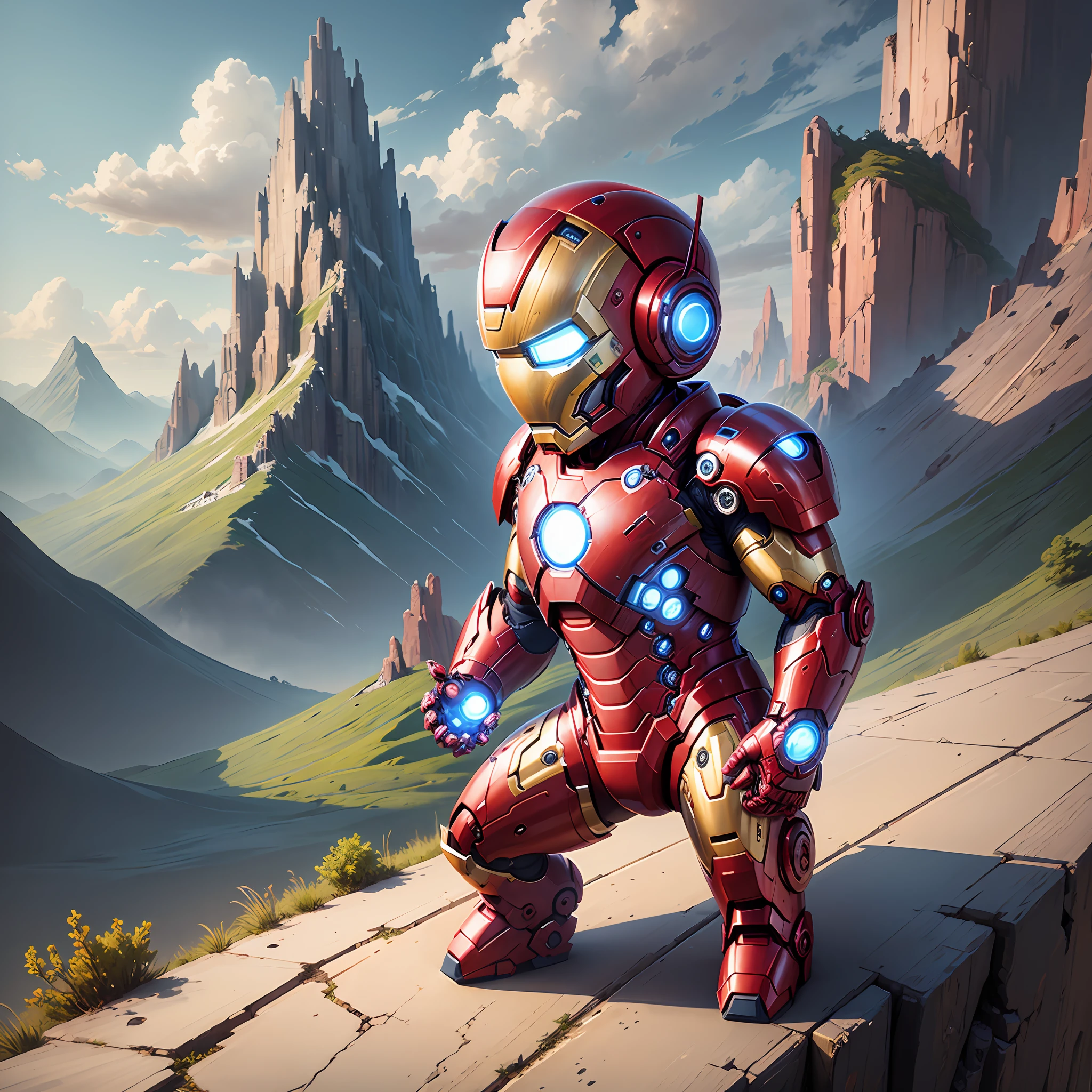 dreamlikeart, cute iron man, detailed, trend in arstation, digital art,baby,blue armor,mountains background --auto --s2