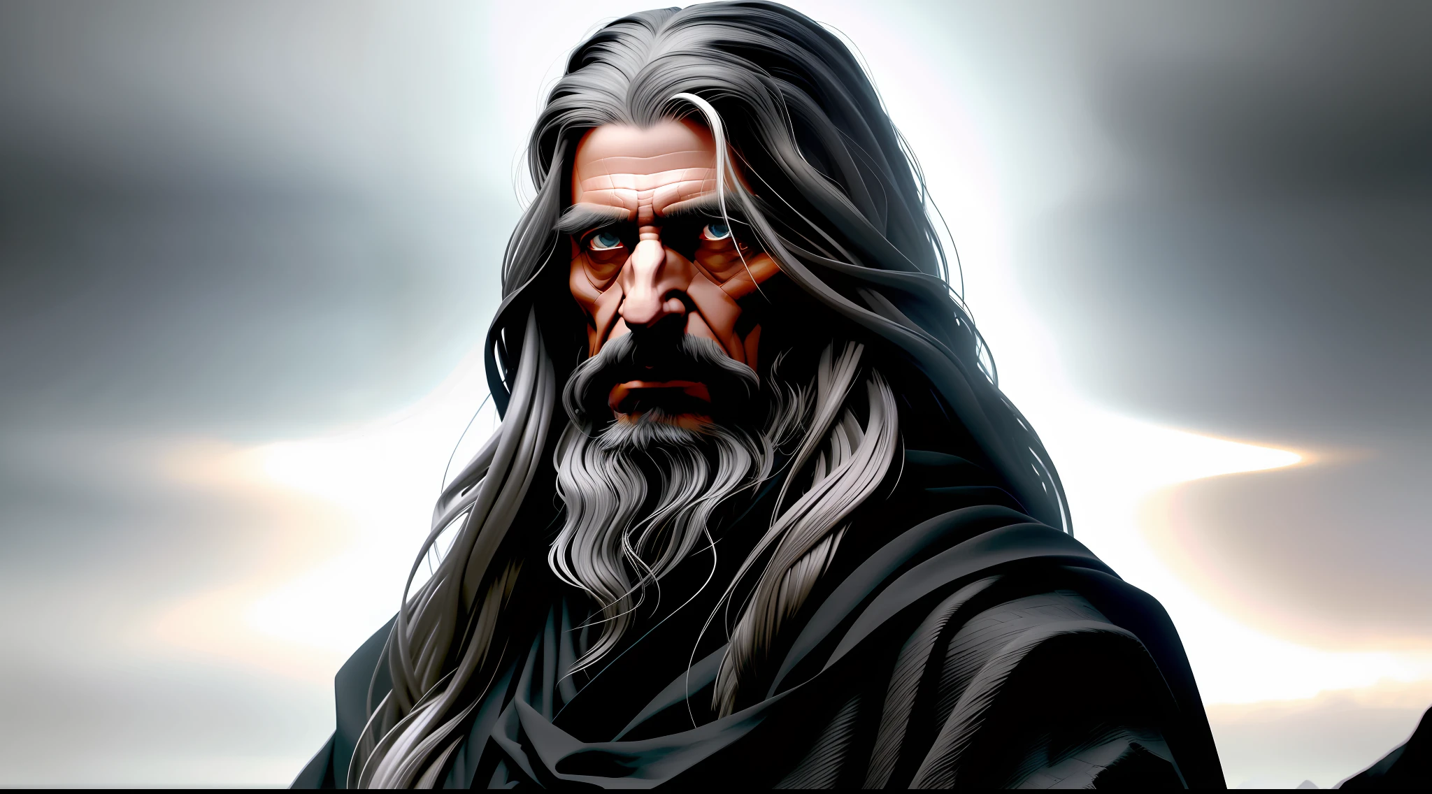 a detail portrait of old thinker, male philosopher, with long  hair, in a black cloths and on an empty background by annie leibovitz. pastel colors scheme. dark moody tones matte painting geometric patterns, trending at artstation hq 4k details hyperrealism, cinematic dramatic lighting, high resolution octane render 8K HDR,full body character.concept design,