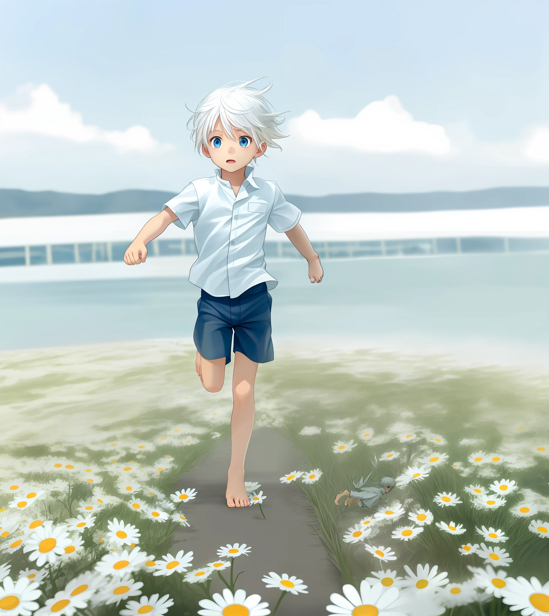 Little Shota running with white hair, blue eyes, barefoot and barefoot in the sea of daisies