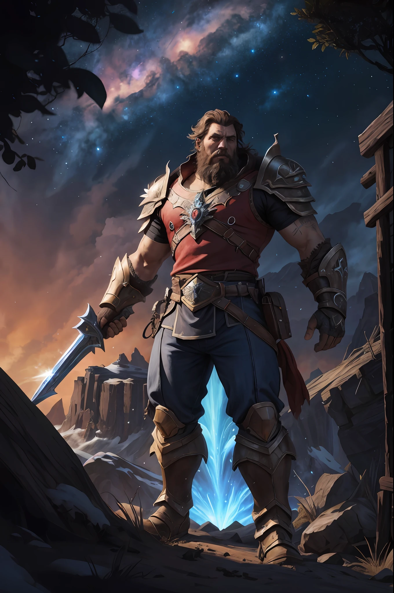 image of a medieval man standing on a mountain fighting giant scowl,red storm image background in the sky ending in a galaxy, concept art by Arthur Pan, Artstation contest winner, fantasy art, warcraft world splash art, official splash art, storm splash art heroes, 8k hd wallpaperjpeg artifact, 8K HD Wallpaperjpeg Artifact, Blizzard Game Concept Art