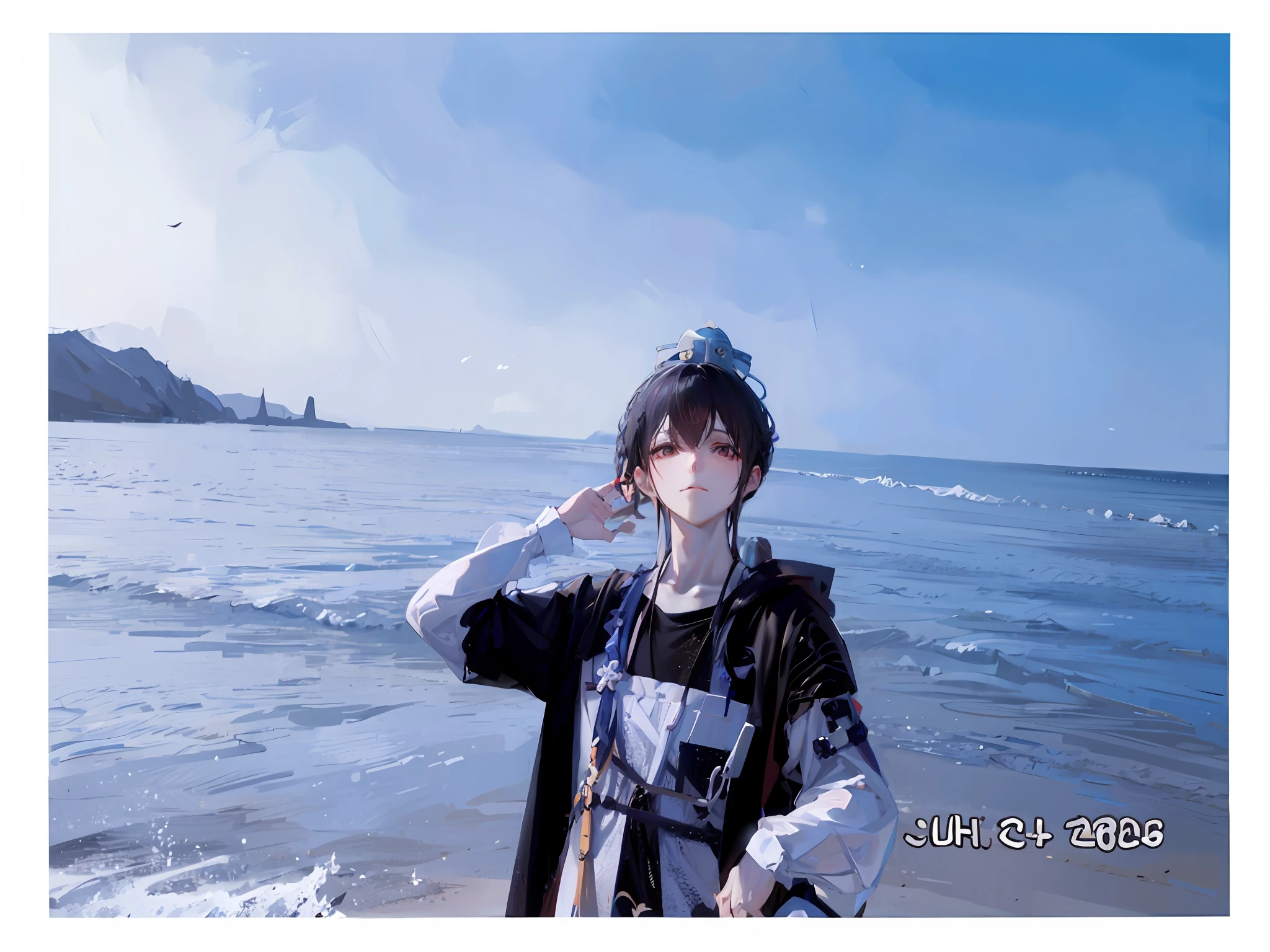 On the beach stands a man with his hands on his head, anime style mixed Fujifilm, Cai Xukun, 35mm—W 1920—H 1080, avatar 1024px