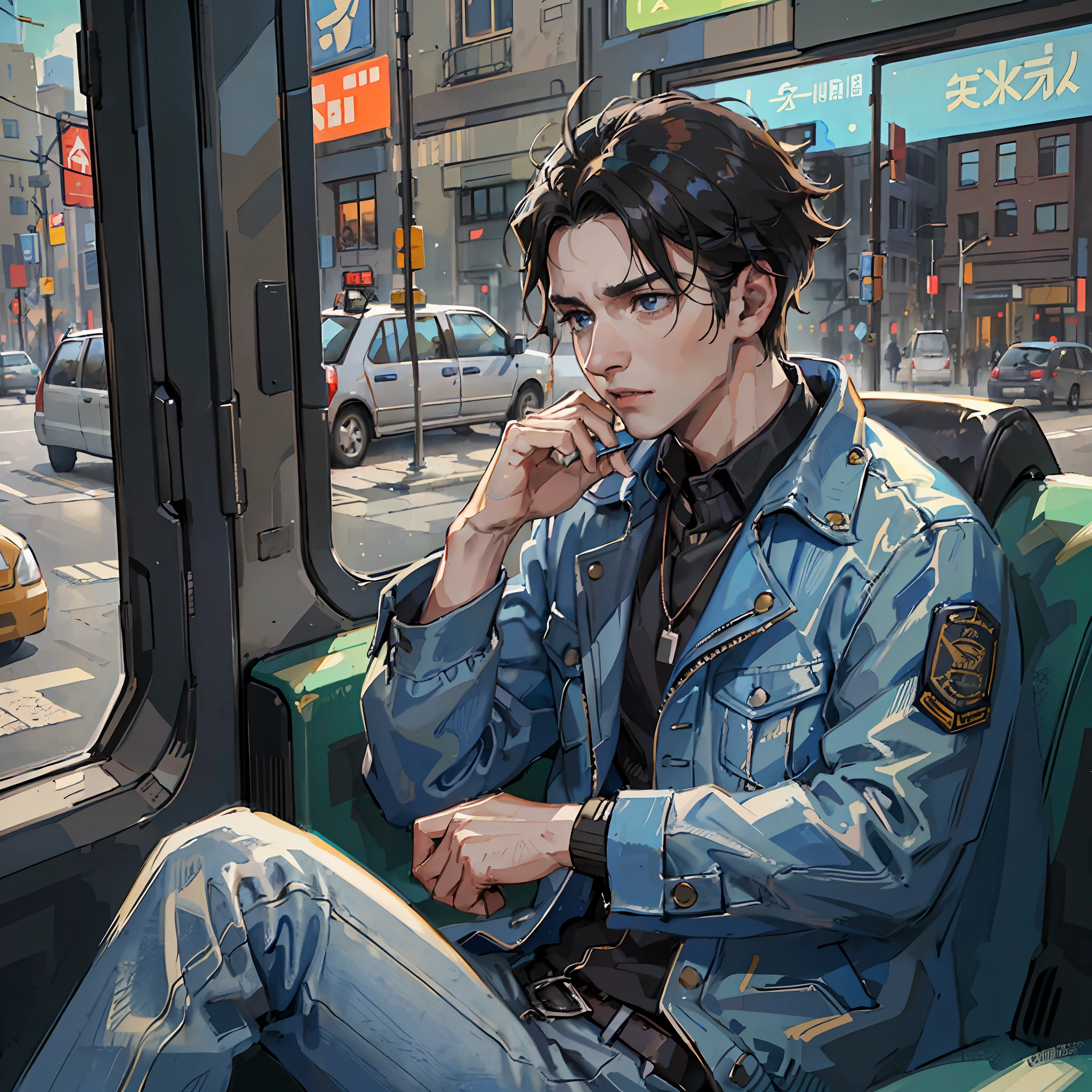 (A young man with black hair wearing a blue jacket is sitting in a taxi and talking on the phone: 1.7) (Talking on the phone with a calm expression on face: 1.6) (City street view can be seen outside the window: 1.5) (Urban commute, modern life: 1.8) --auto --s2