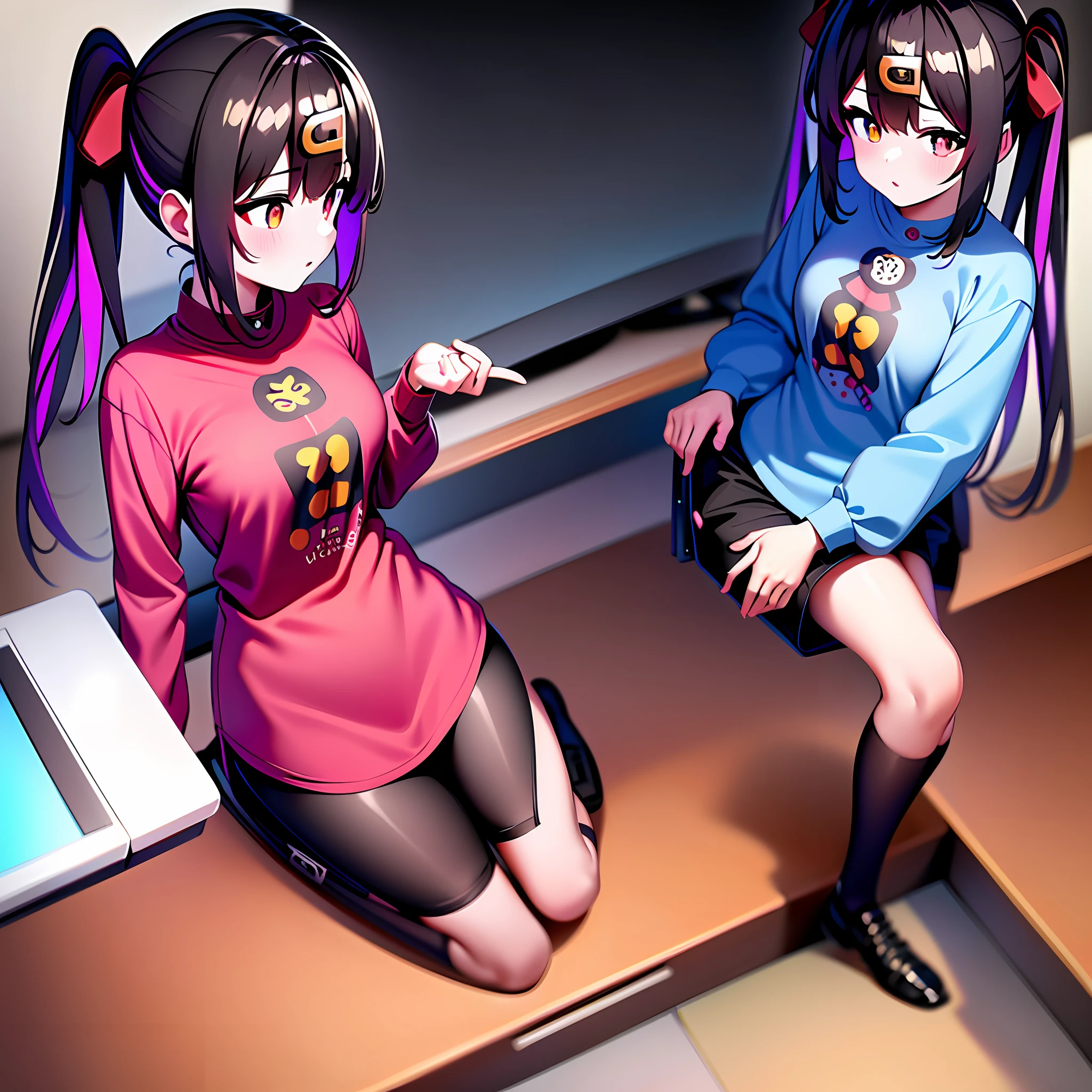 perfect anime illustration, 1girl, woman, hot girl, (gamer, gaming pc, computer, live stream, medium breasts:1.4), long brown hair,estiolo anime konosuba, ((cute casual outfit, t-shirt, shorts), sitting in gaming chair