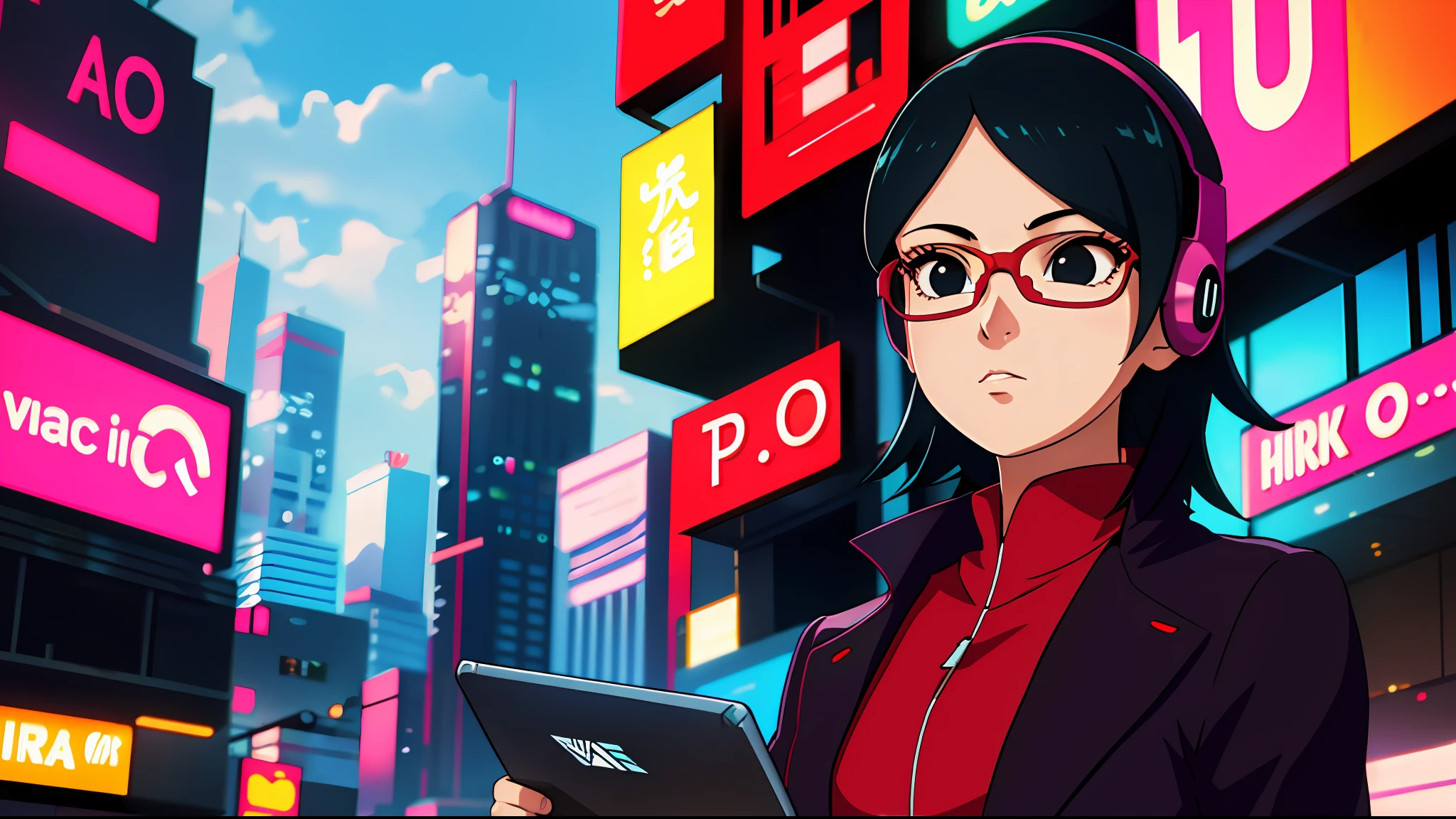 (masterpiece, best quality: 1.4), cinematic light, colorful, high contrast, cyberpunk, neon, city, cityscape, (day: 1.2), sky, sunlight, retro music album, lofi aesthetic, girl with black hair and red glasses, wearing headphones, laptop, 90s anime style, vintage art style, black eyes, medium hair