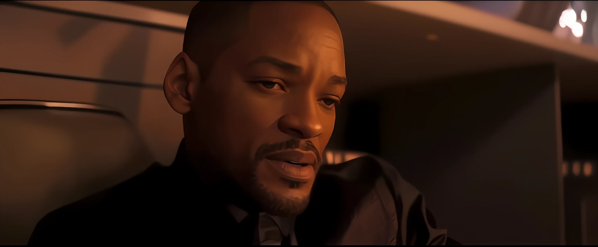 A closeup of a man in a black shirt and tie, Will Smith portrait of Will Smith, Morpheus, in a science fiction movie, YouTube video screenshot, Popcorn as Morpheus, Will Smith Disney Infinity, I'm the movie legend,