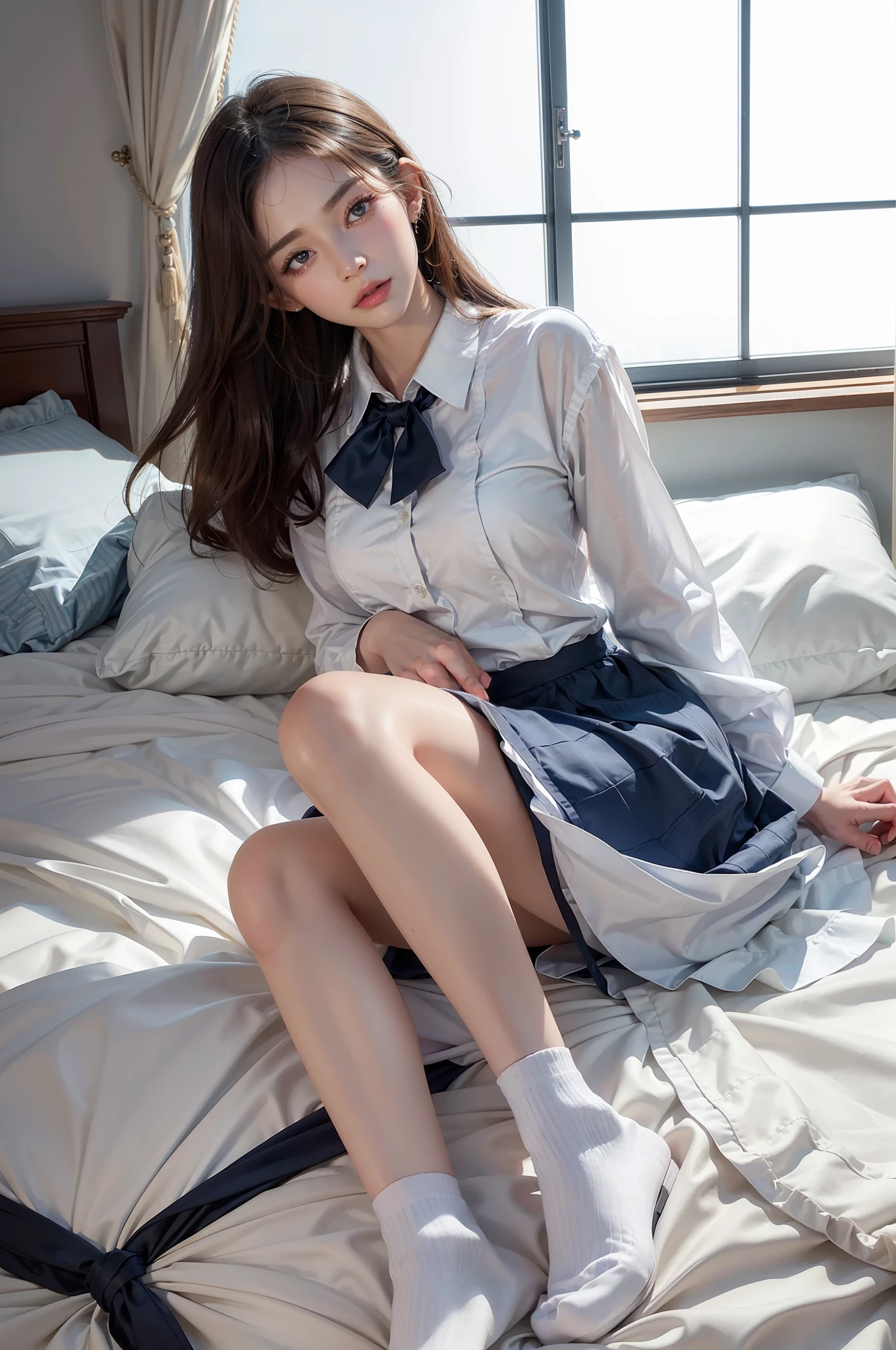 A close up of a woman sitting on a bed wearing a dress - SeaArt AI