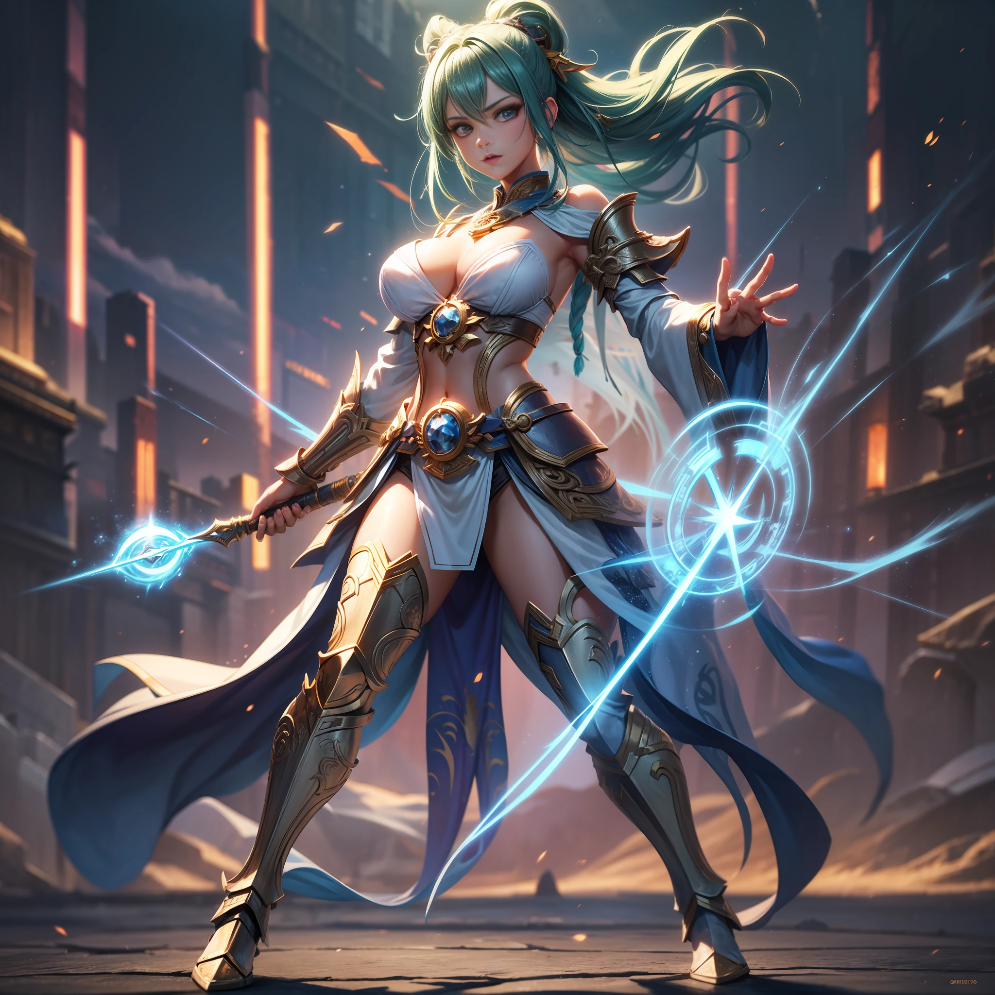 20 years old girl, goddess, mage, battle mage, dynamic pose, glowing weapon, ambilight background, reflective particles, reference Genshin style, RAW photo, highly detailed CG unified 8K wallpaper, 1 girl, (big breasts), looking at the audience, (headquarters skin: 1.2, shiny skin), 8k ultra high definition, soft lighting, high quality, ((full body)), (professional lighting: 1.4)