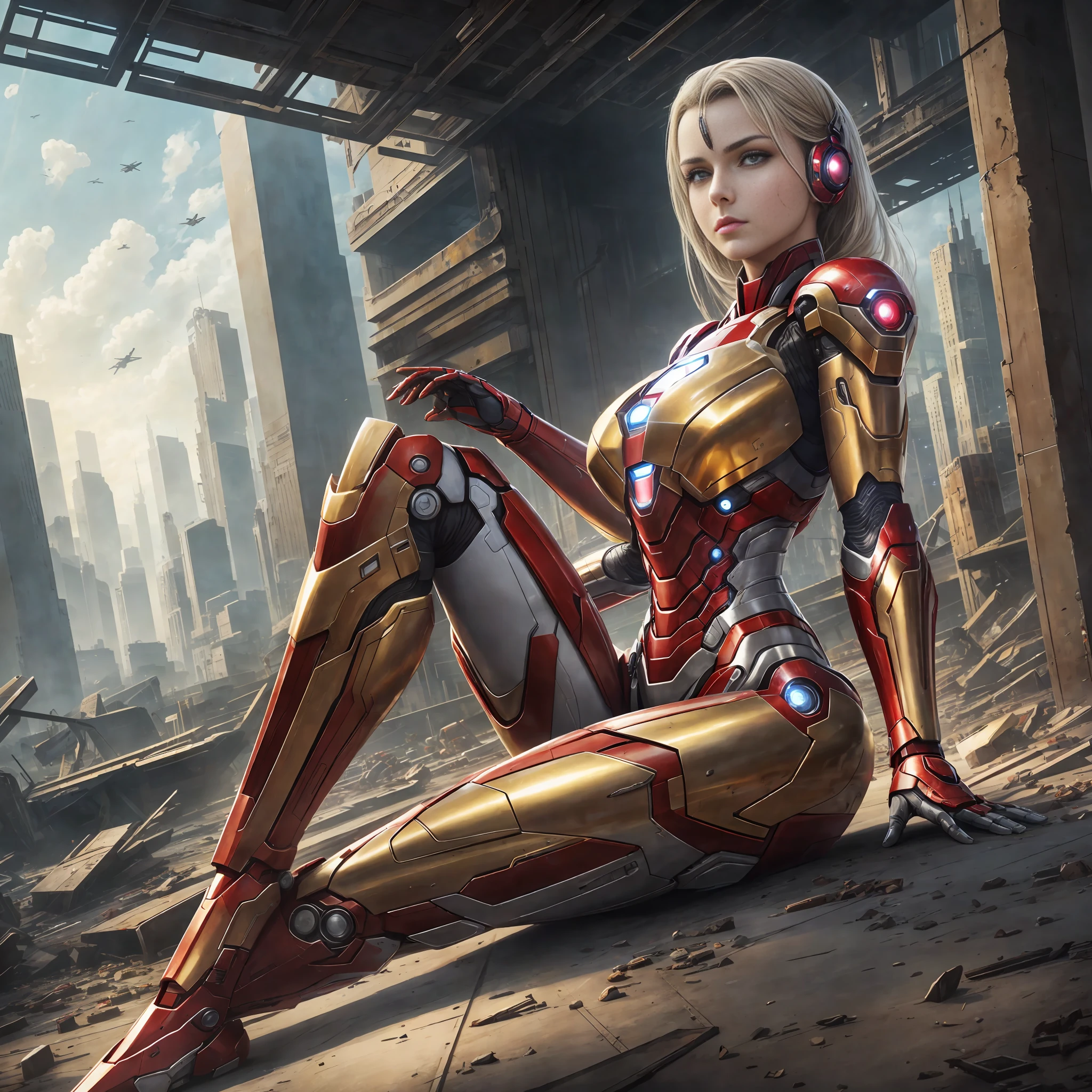 RAW, Masterpiece, Ultra Fine Photo,, Best Quality, Ultra High Resolution, Photorealistic, Sunlight, Full Body Portrait, Stunningly Beautiful,, Dynamic Poses, Delicate Face, Vibrant Eyes, (Side View) , she is wearing a futuristic Iron Man mech, red and gold color scheme, highly detailed abandoned warehouse background, detailed face, detailed and complex busy background, messy, gorgeous, milky white, high detailed skin, realistic skin details, visible pores , sharp focus, volumetric fog, 8k uhd, dslr camera, high quality, film grain, fair skin, photorealism, lomography, sprawling metropolis in futuristic dystopia, view from below, translucent --auto --s2