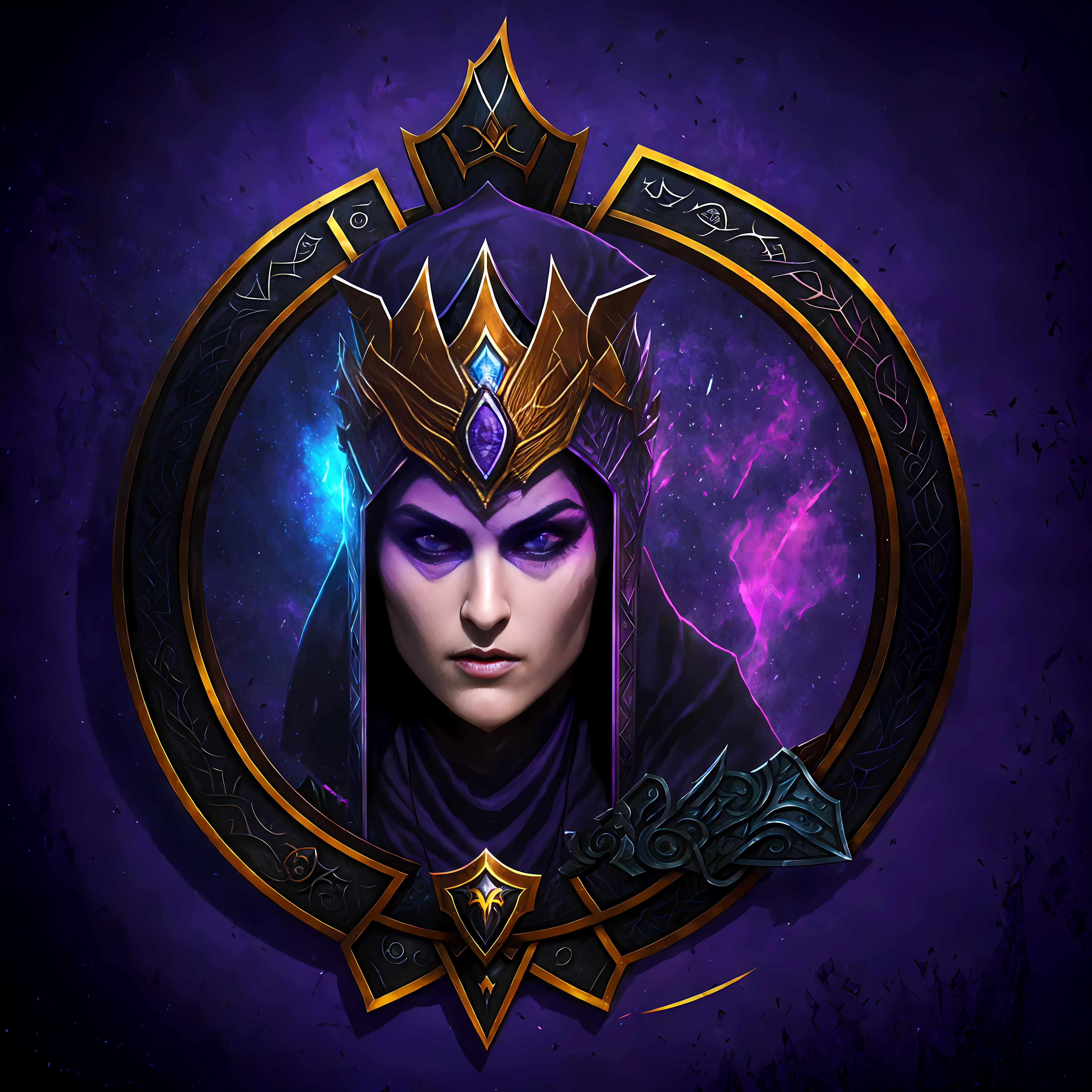a purple and black shield with a knight's helmet on it, armor, duelyst style, slaanesh, symmetrical fantasy RPG portrait, portrait of the ancient necromancer, painted in the arcane style, symmetrical portrait RPG avatar, purple shiny core in armor, dota2 artifact, Discord profile picture, emblem of wisdom