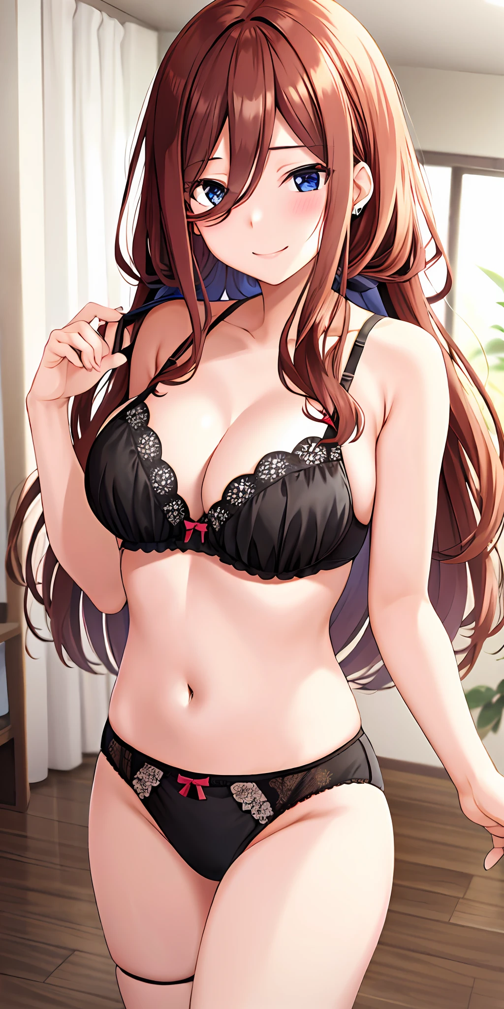 Nakano miku, brown long hair, hair between eyes, large breasts, (bra, panties), (blushing:1), standing, earrings, smiling, (sexy)