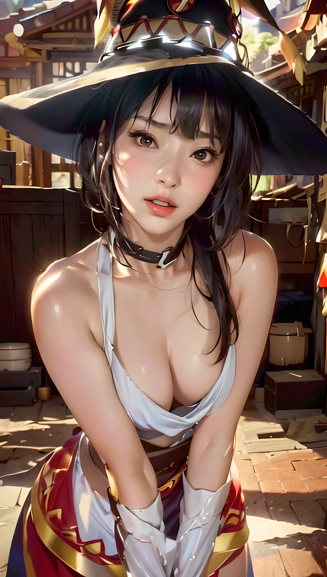 Best Quality, Masterpiece, Ultra High Resolution, (Photorealistic: 1.4), 8K Raw Photo, (Fractal Art: 1.4), Dramatic Lighting, Dynamic Lighting, Professional Lighting, Cinematic Lighting, Highly Detailed, Official Artwork, Flawless, Sharp Focus, depth of field, exquisite details and textures, delicate and beautiful, lens flare, absurd, ray tracing, immersive atmosphere, (knee-length shot: 1.3) 1girl, an attractive young woman, woman, sexy and attractive, supermodel, goddess aura, realistic hair, detailed hair, hair blowing, seductive expression, full of stimulation expression, moan, shy, look at viewer, happy, glowing skin, finely detailed skin, clavicle, ( pert natural breasts : 1.2), (small breasts: 1.2), perfect round ass, (beautiful and aesthetic: 1.2), slim waist, beautiful detailed thigh, (perfect female figure), (symmetrical body shape), long legs, (((Megumin, cowboy shot))), (dynamic angle: 1.2), (third_composition rule: 1.2), (detailed face: 1.2) ), (detailed eyes: 1.2), (detailed background), (realistic:1.2), (realism), (masterpiece:1.2), (ultra detailed), (best quality), intricate, cinematic lighting, cinematic comprehensive, portrait photography, magic photography,