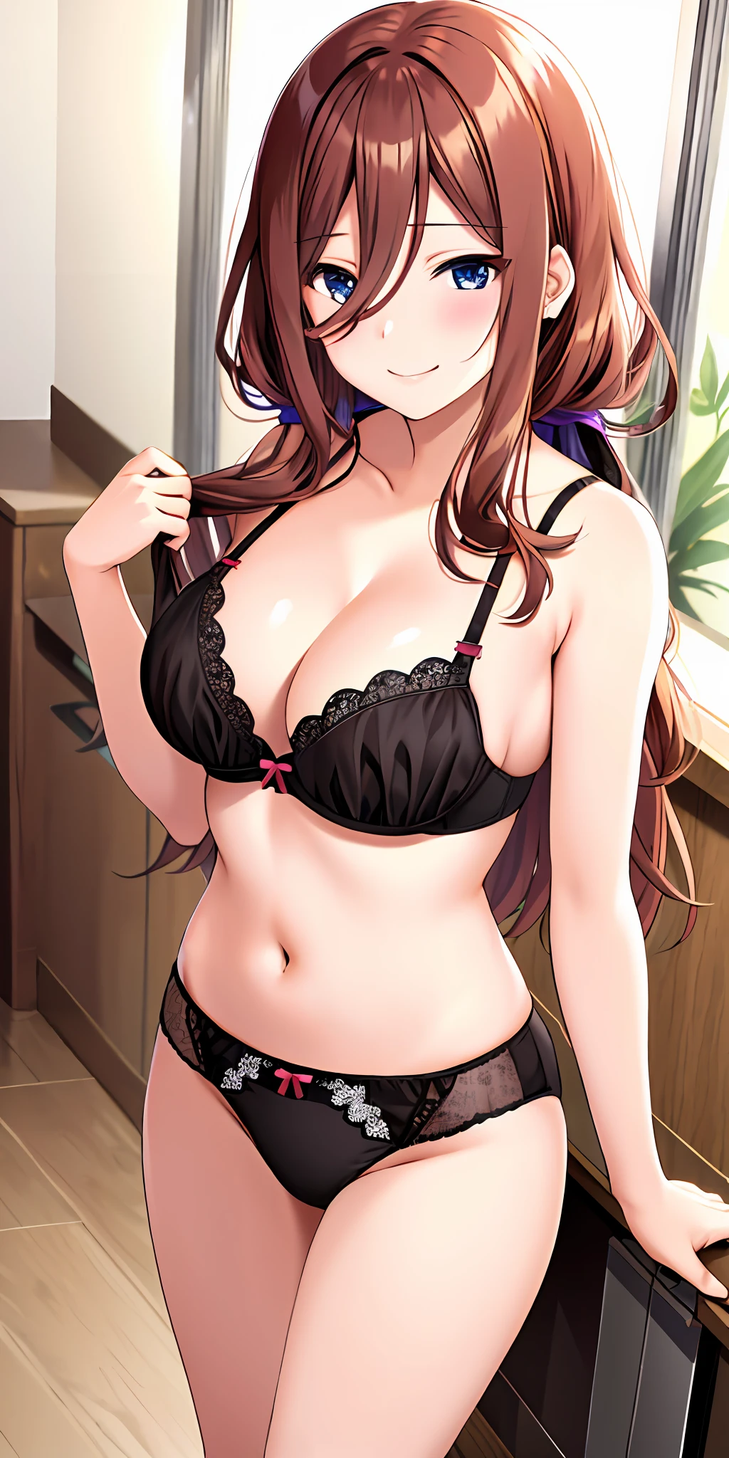 Nakano miku, brown long hair, hair between eyes, large breasts, (bra, panties), (blushing:1), standing, earrings, smiling, (sexy)