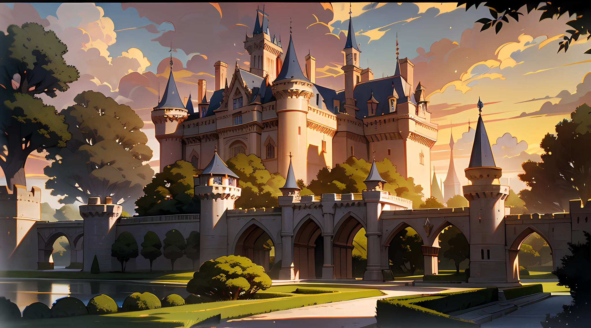 Historical Castle, Renaissance, European, grandiose, Moat, imposing gate, Lush gardens, manicured hedges, Soft sunset lighting, towers, battlements, Wallpaper, highly detailed, anime landscape