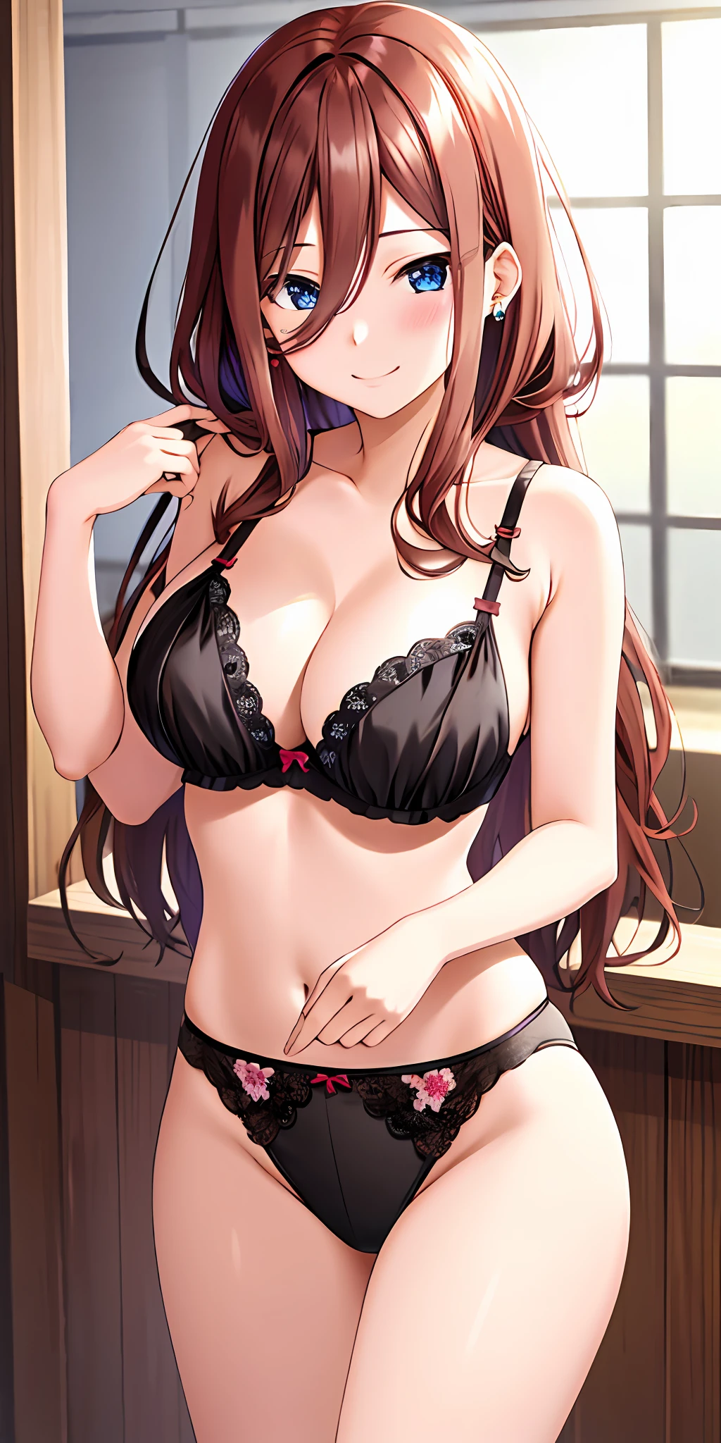 Nakano miku, brown long hair, hair between eyes, large breasts, bra, panties, (blushing:1), standing, earrings, smiling, (sexy)